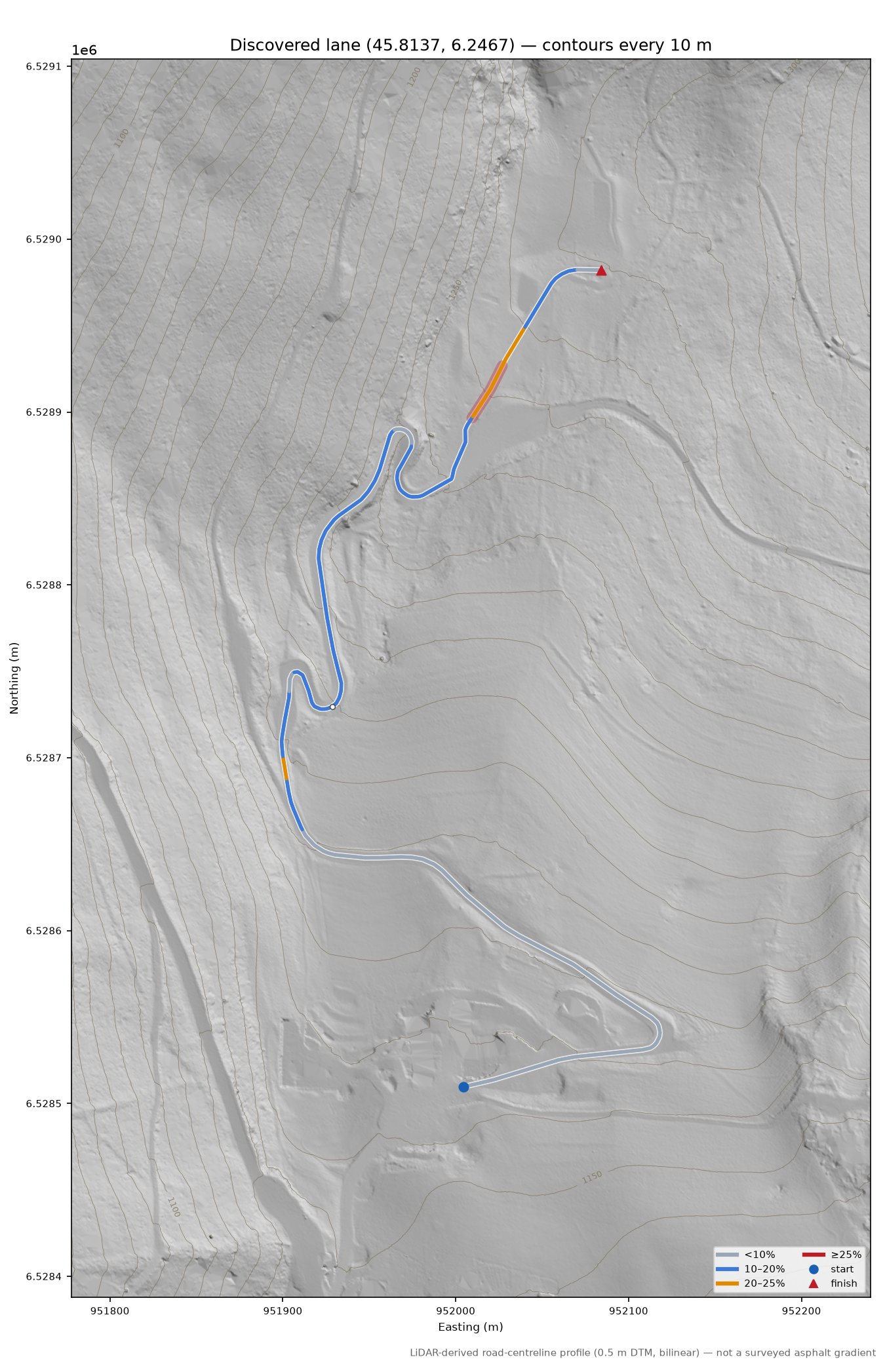 Discovered lane (45.8137, 6.2467) LiDAR hillshade map with contours