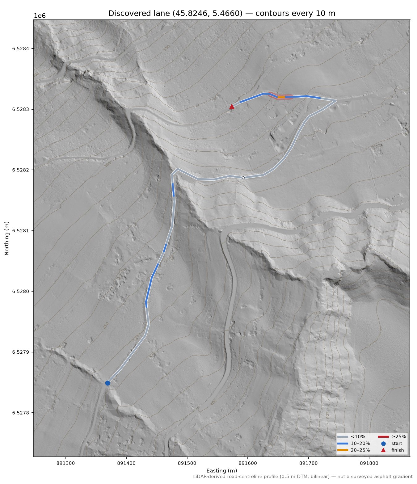 Discovered lane (45.8246, 5.4660) LiDAR hillshade map with contours