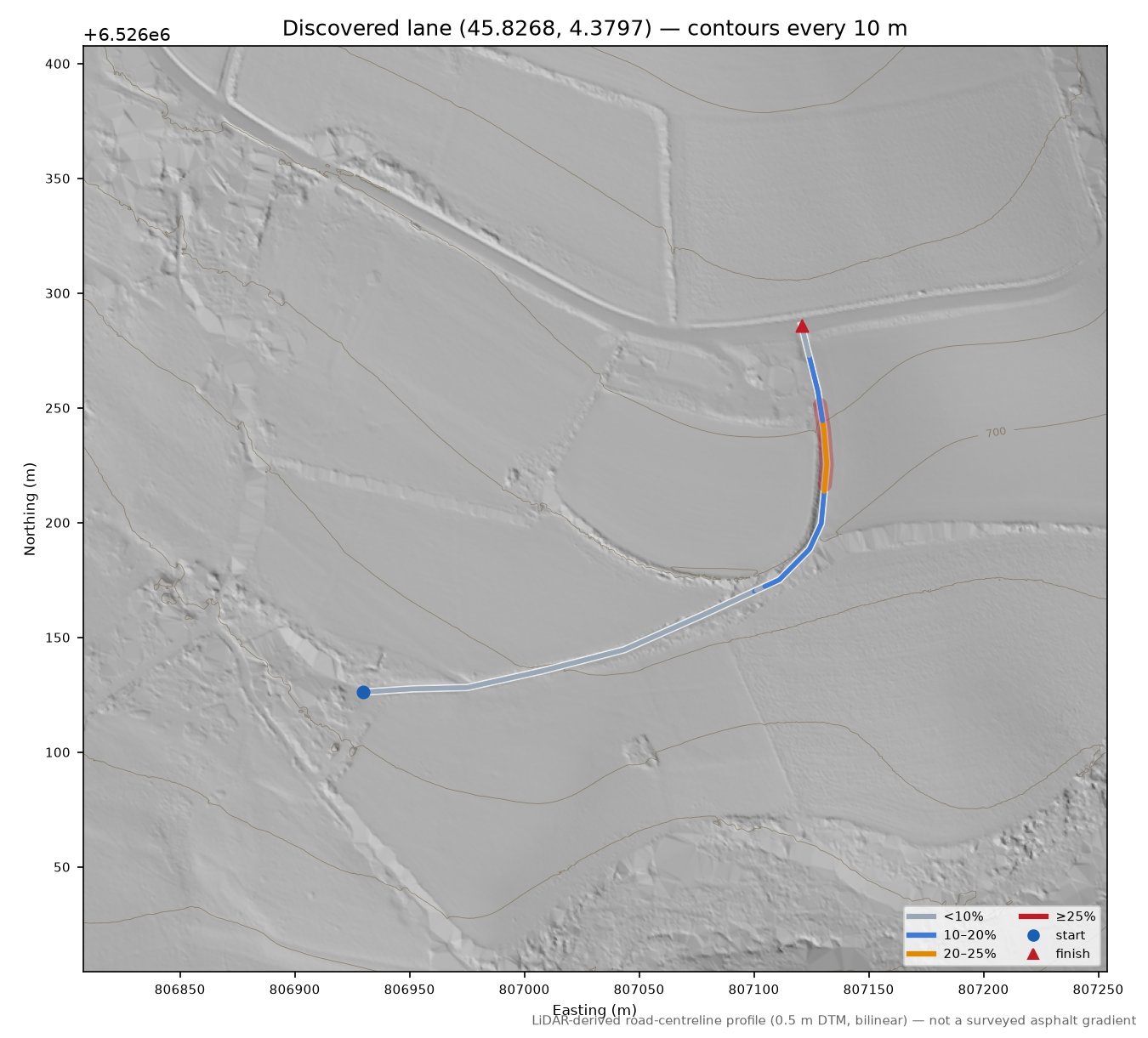 Discovered lane (45.8268, 4.3797) LiDAR hillshade map with contours