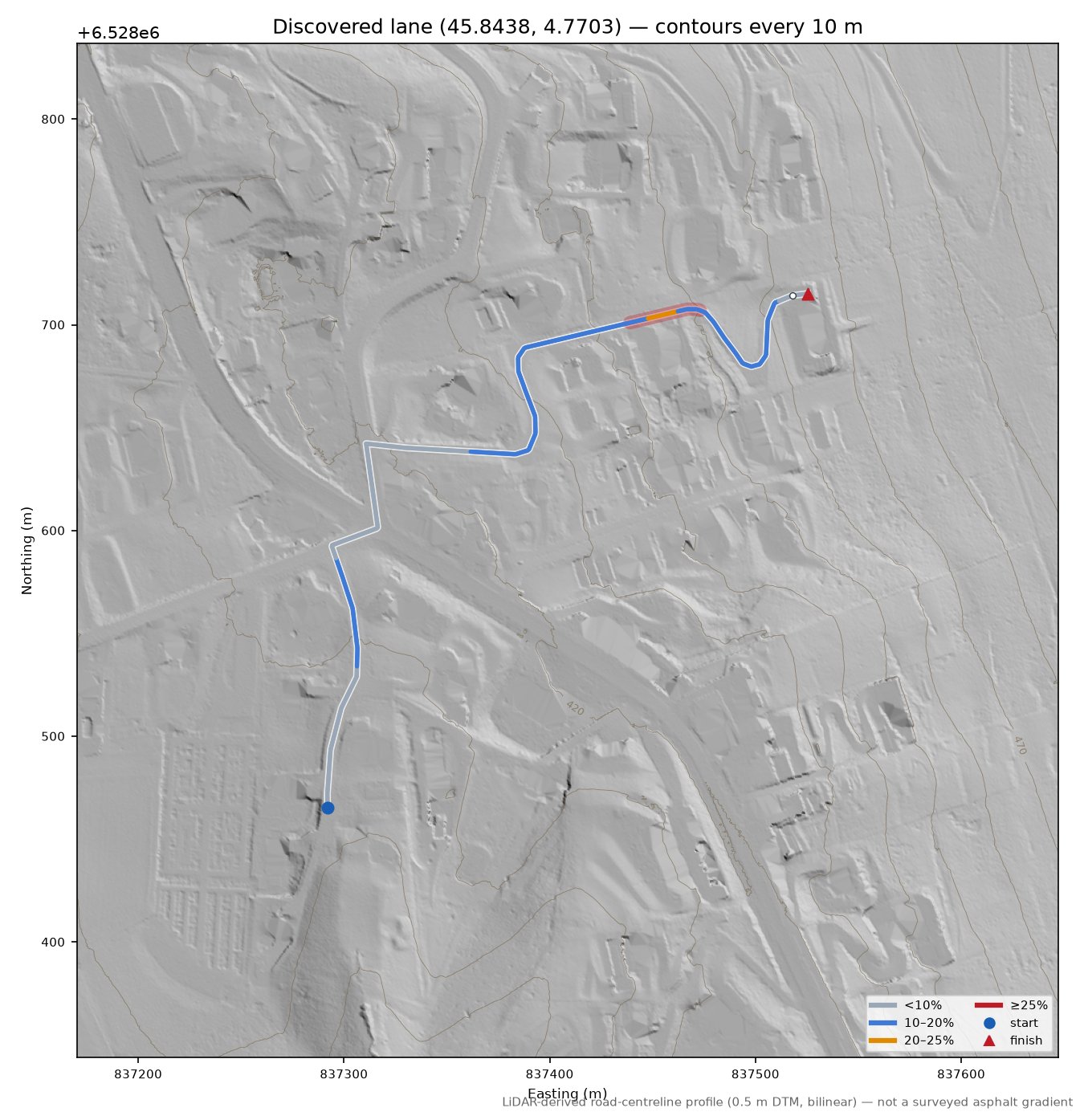 Discovered lane (45.8438, 4.7703) LiDAR hillshade map with contours