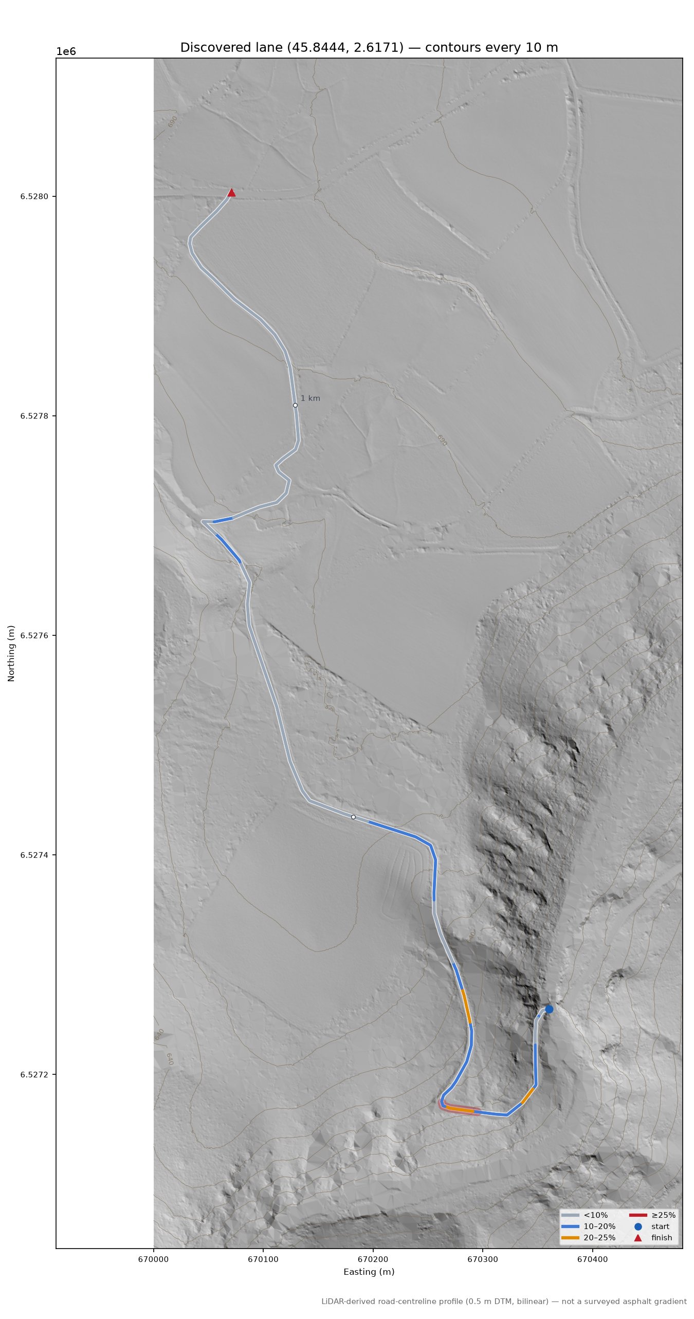 Discovered lane (45.8444, 2.6171) LiDAR hillshade map with contours