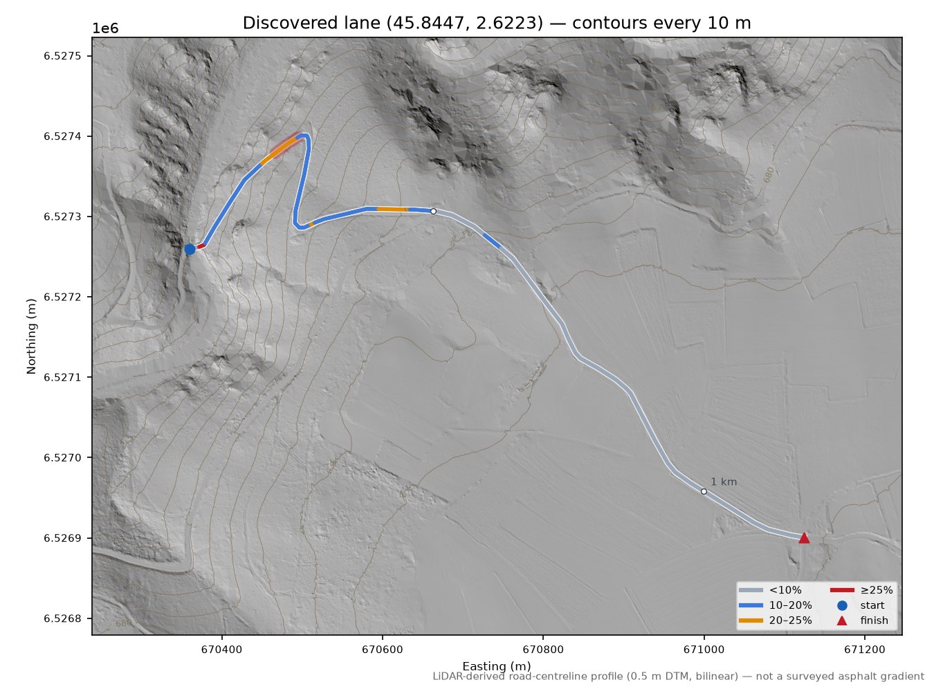 Discovered lane (45.8447, 2.6223) LiDAR hillshade map with contours