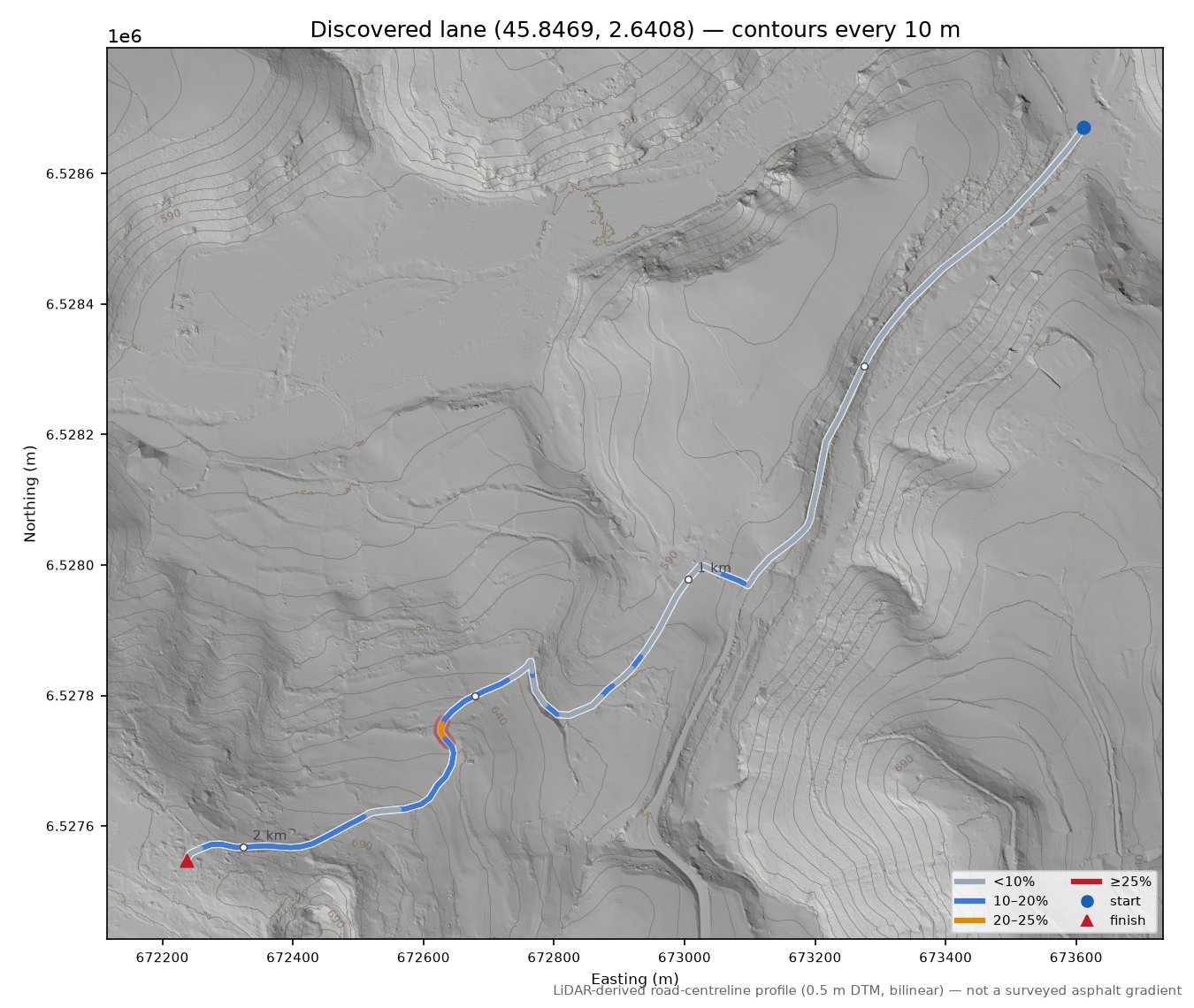Discovered lane (45.8469, 2.6408) LiDAR hillshade map with contours