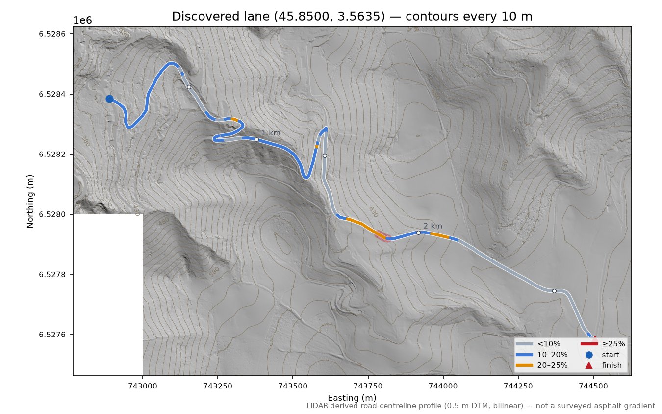 Discovered lane (45.8500, 3.5635) LiDAR hillshade map with contours