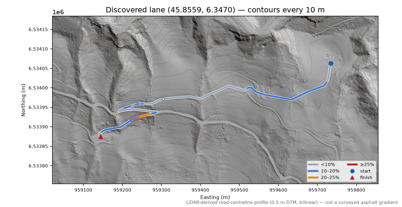Discovered lane (45.8559, 6.3470) LiDAR hillshade map with contours