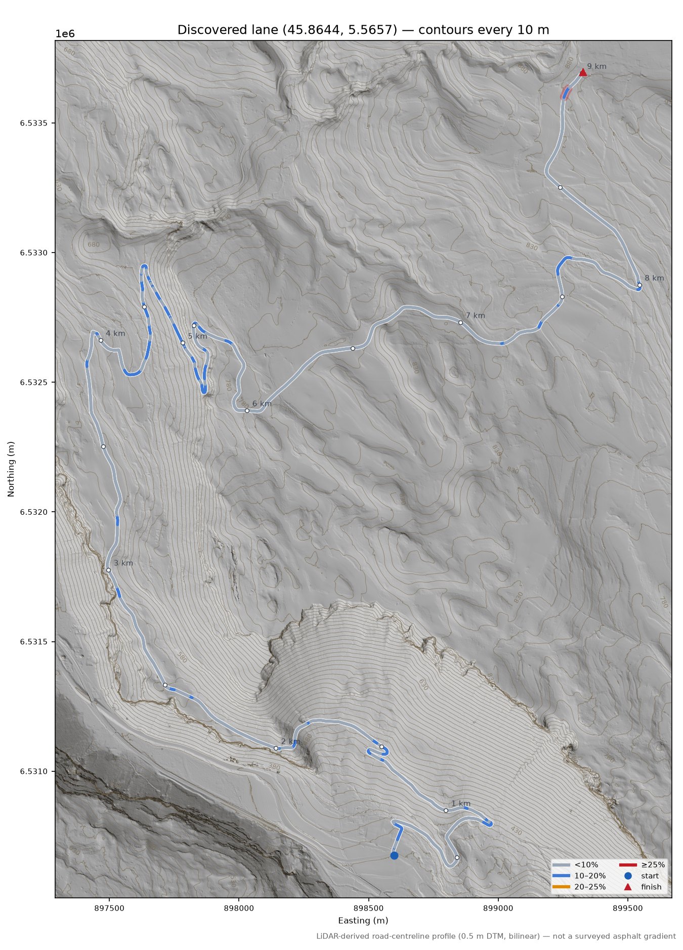 Discovered lane (45.8644, 5.5657) LiDAR hillshade map with contours