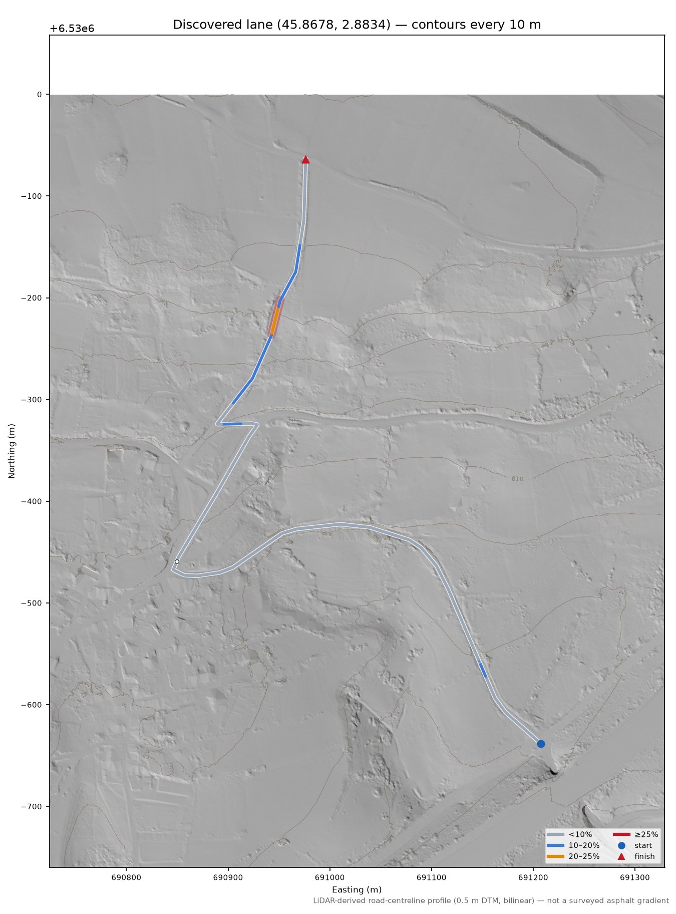 Discovered lane (45.8678, 2.8834) LiDAR hillshade map with contours
