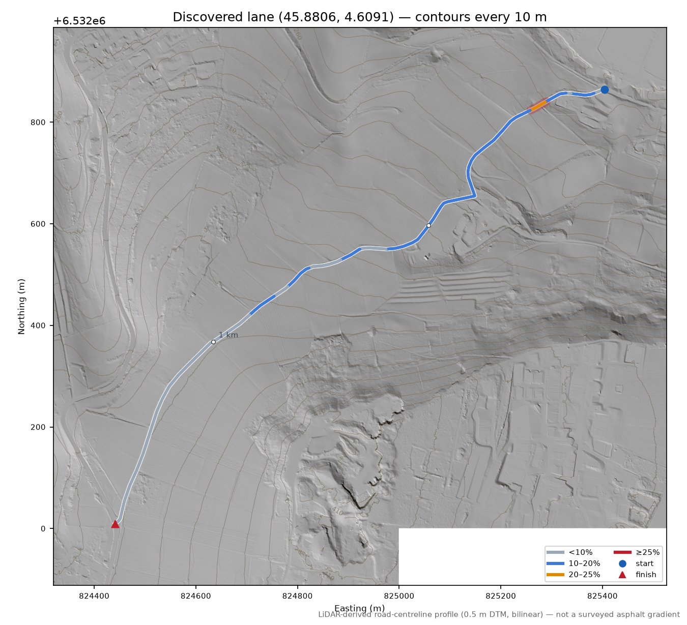 Discovered lane (45.8806, 4.6091) LiDAR hillshade map with contours