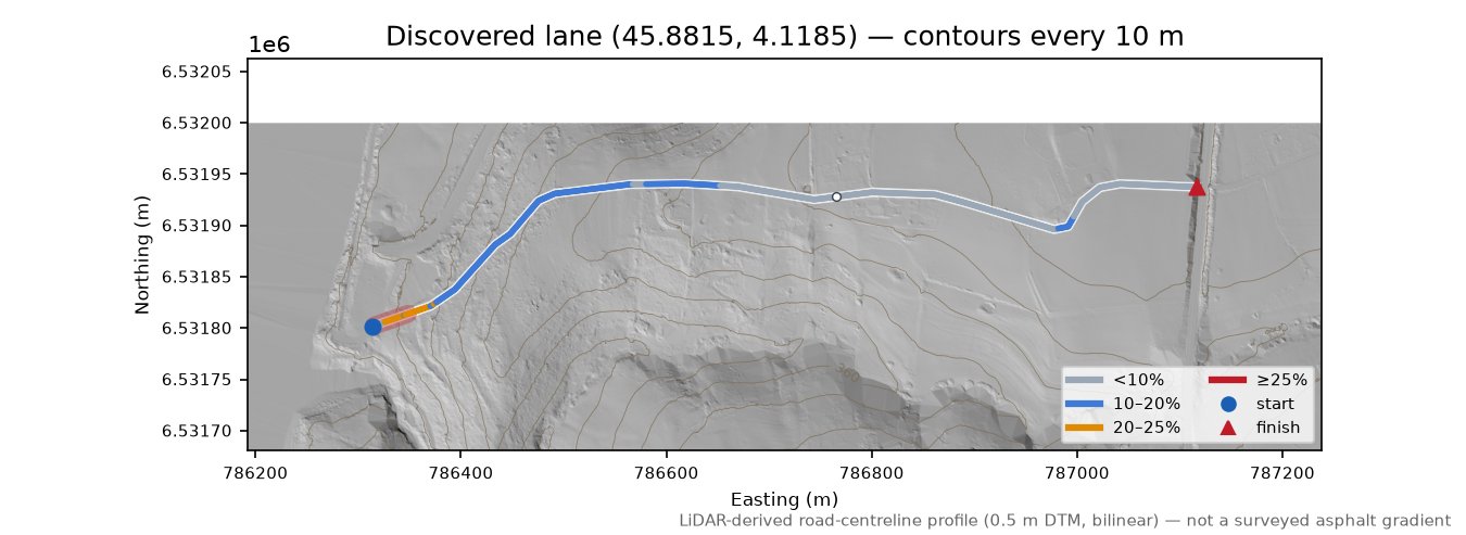 Discovered lane (45.8815, 4.1185) LiDAR hillshade map with contours
