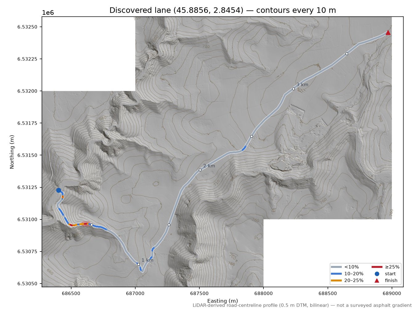 Discovered lane (45.8856, 2.8454) LiDAR hillshade map with contours
