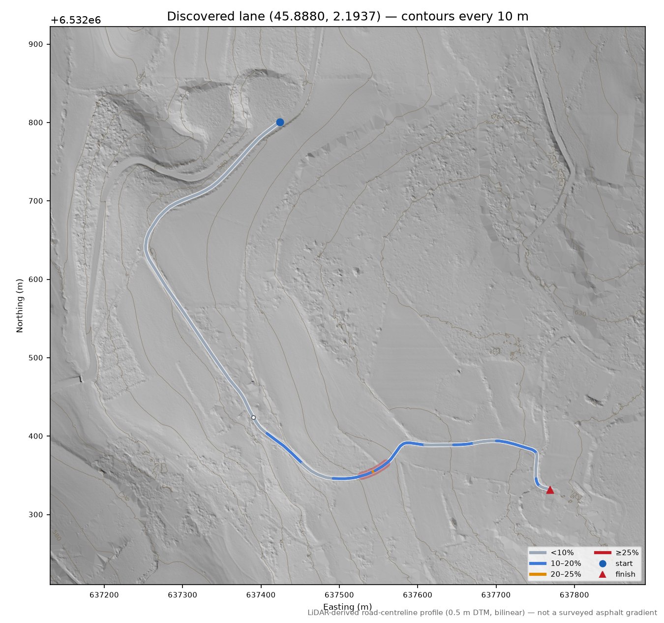 Discovered lane (45.8880, 2.1937) LiDAR hillshade map with contours