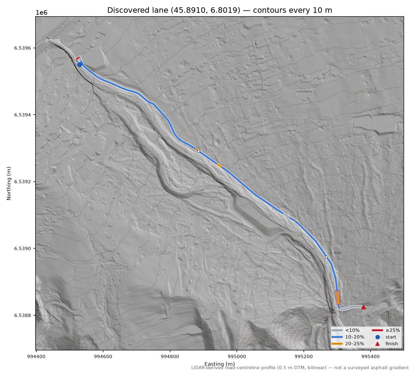 Discovered lane (45.8910, 6.8019) LiDAR hillshade map with contours