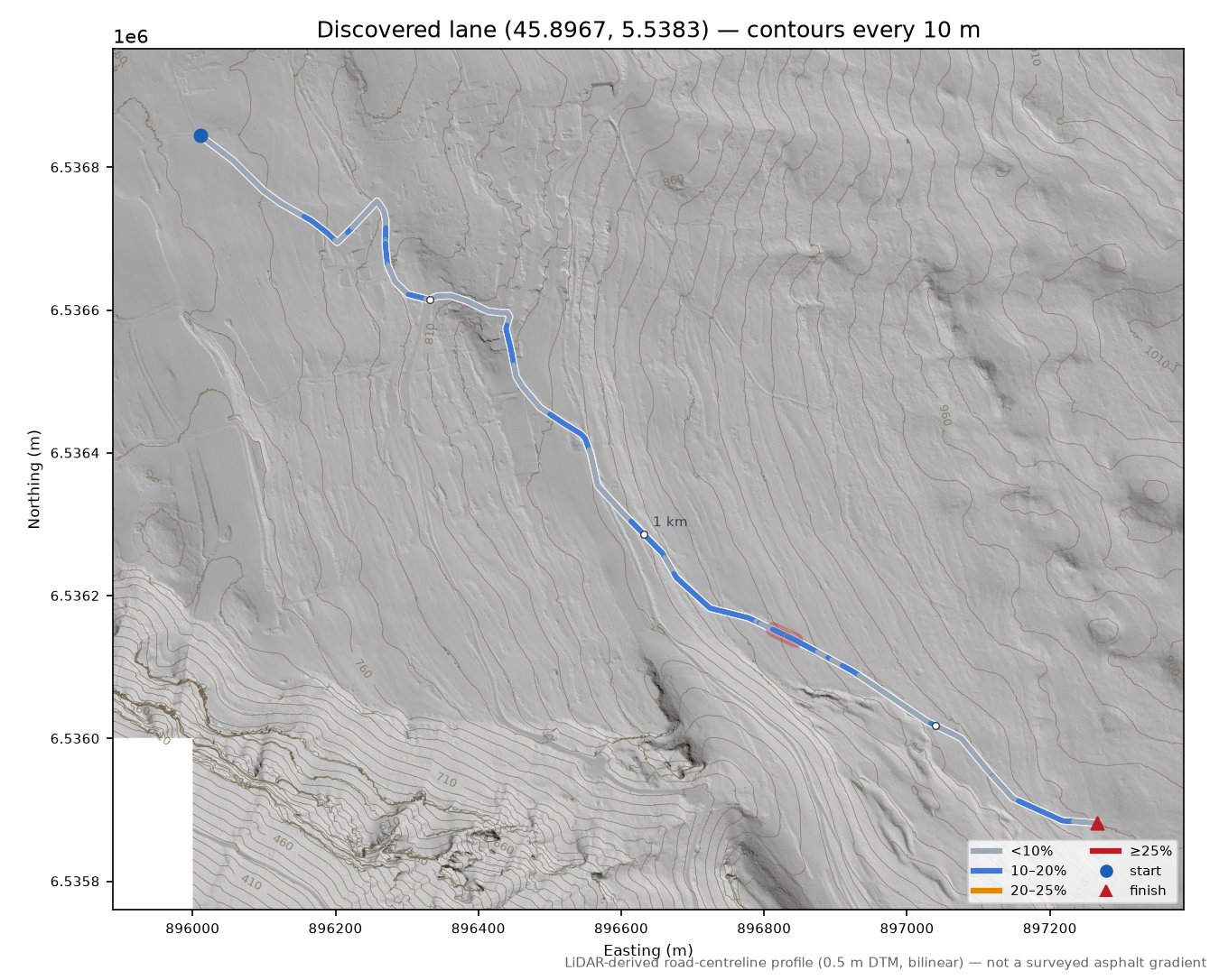 Discovered lane (45.8967, 5.5383) LiDAR hillshade map with contours