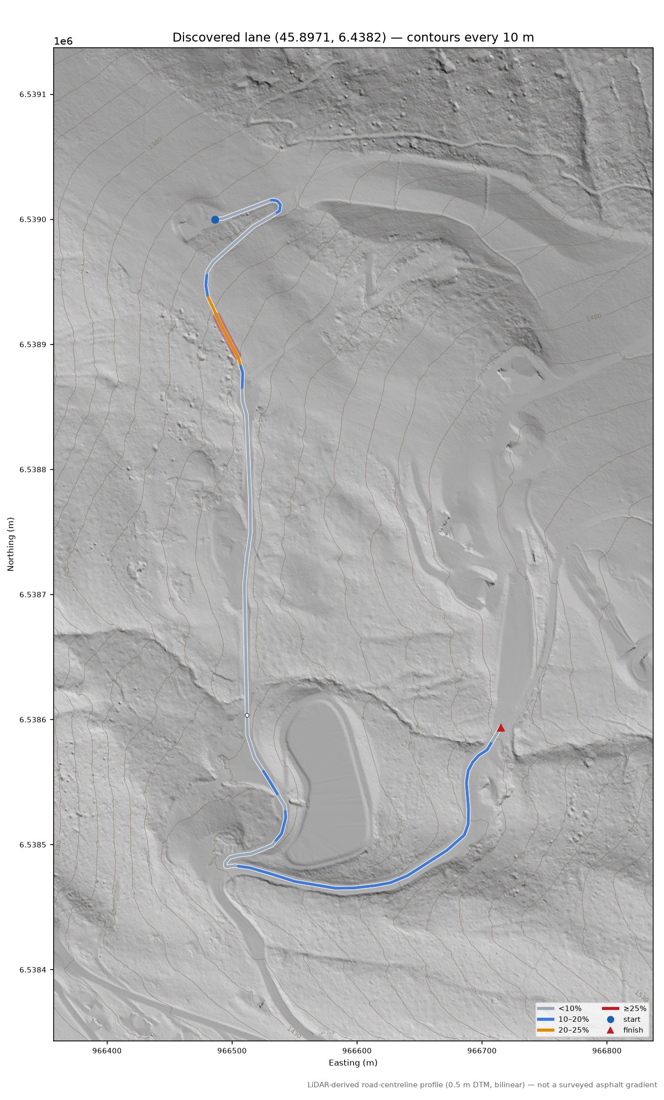 Discovered lane (45.8971, 6.4382) LiDAR hillshade map with contours