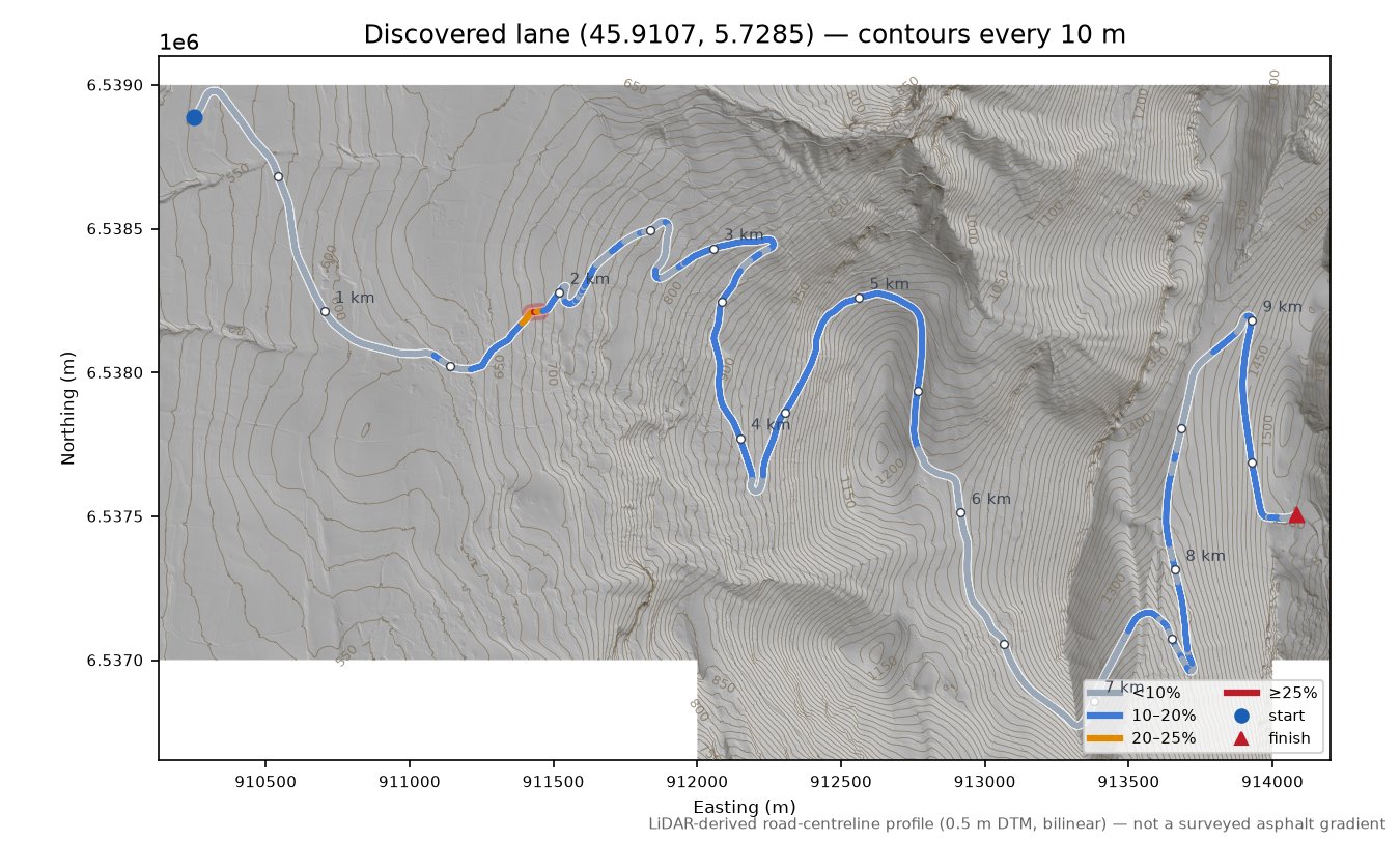 Discovered lane (45.9107, 5.7285) LiDAR hillshade map with contours
