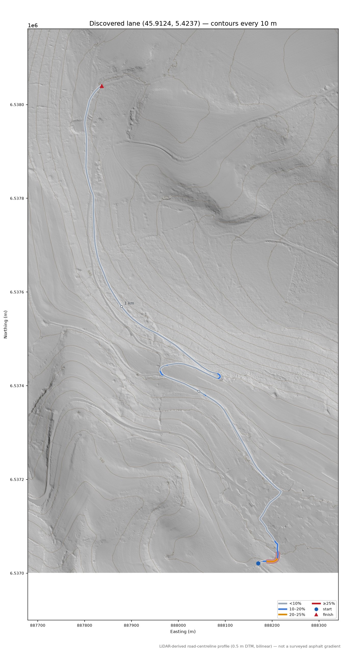 Discovered lane (45.9124, 5.4237) LiDAR hillshade map with contours