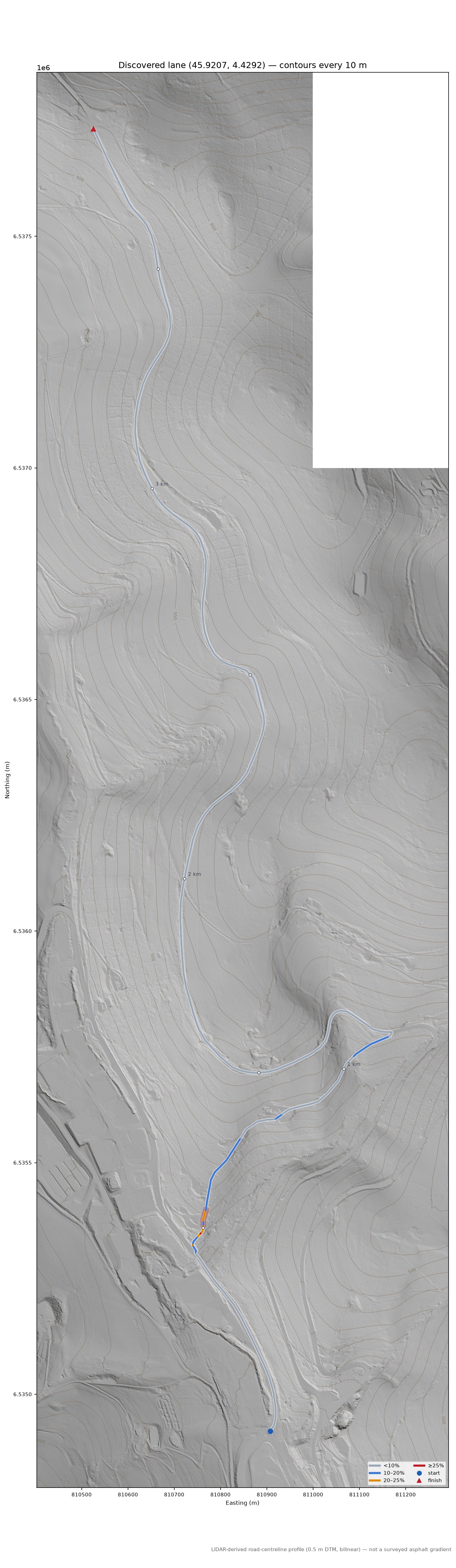 Discovered lane (45.9207, 4.4292) LiDAR hillshade map with contours