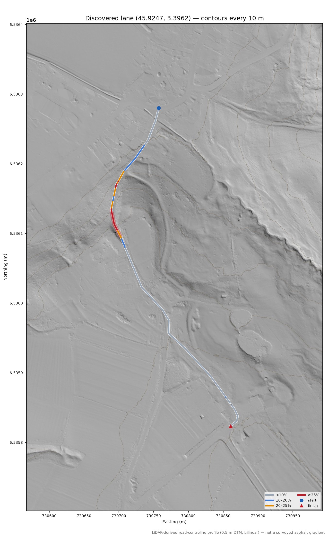 Discovered lane (45.9247, 3.3962) LiDAR hillshade map with contours