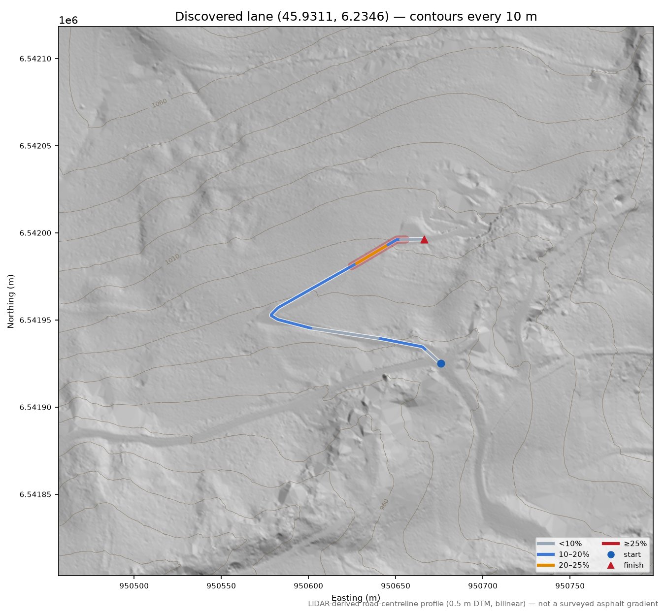 Discovered lane (45.9311, 6.2346) LiDAR hillshade map with contours