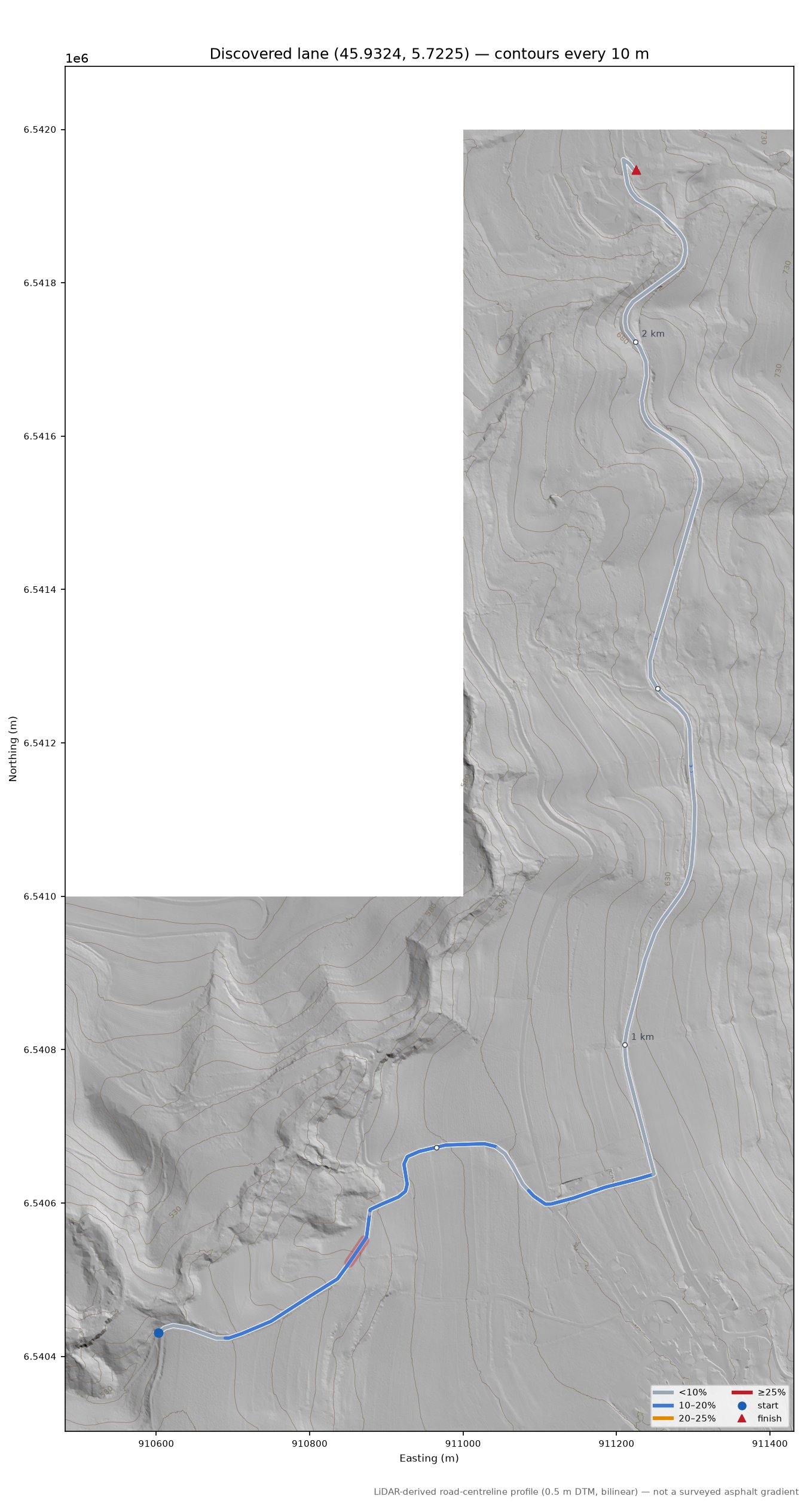 Discovered lane (45.9324, 5.7225) LiDAR hillshade map with contours