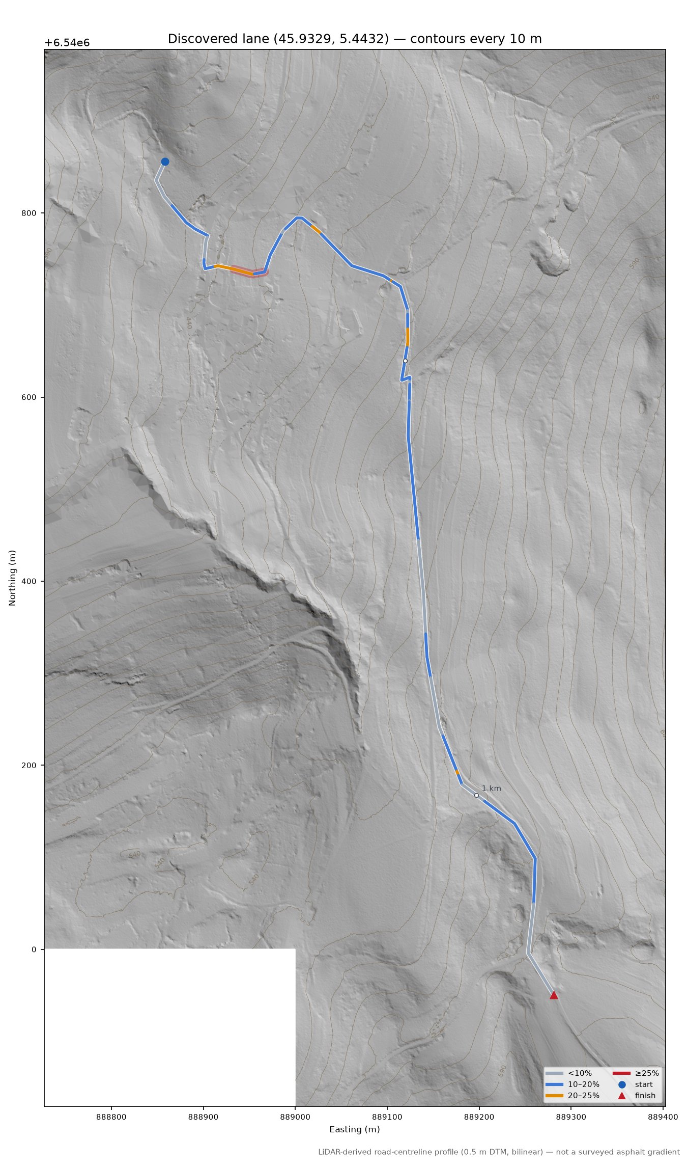 Discovered lane (45.9329, 5.4432) LiDAR hillshade map with contours