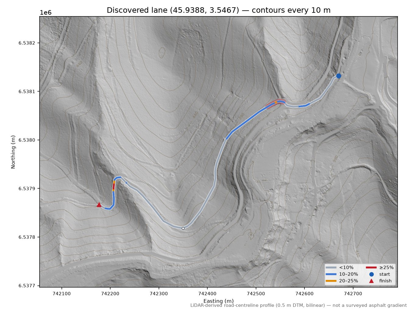 Discovered lane (45.9388, 3.5467) LiDAR hillshade map with contours