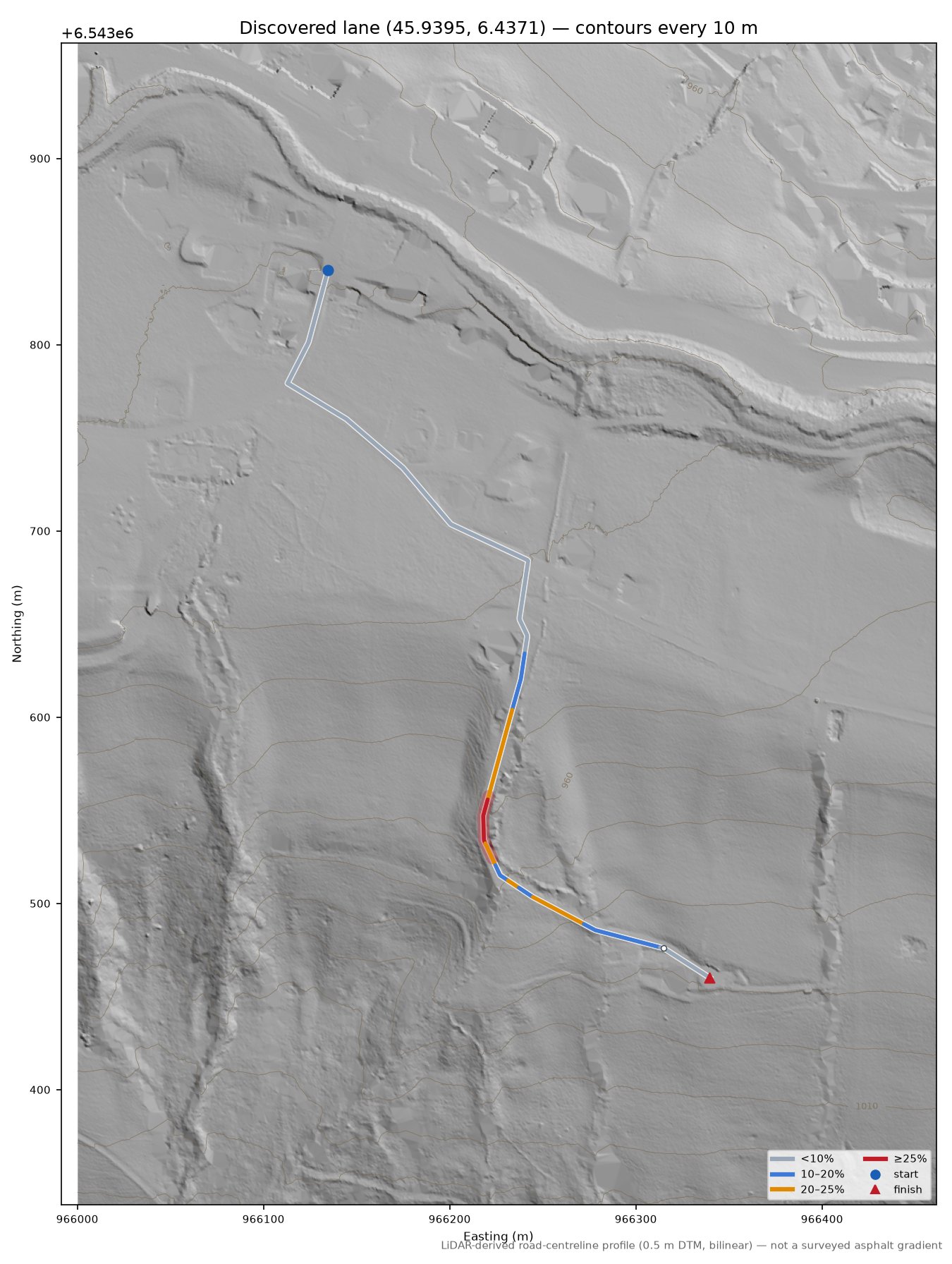Discovered lane (45.9395, 6.4371) LiDAR hillshade map with contours