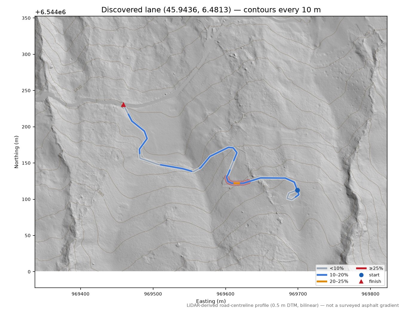 Discovered lane (45.9436, 6.4813) LiDAR hillshade map with contours