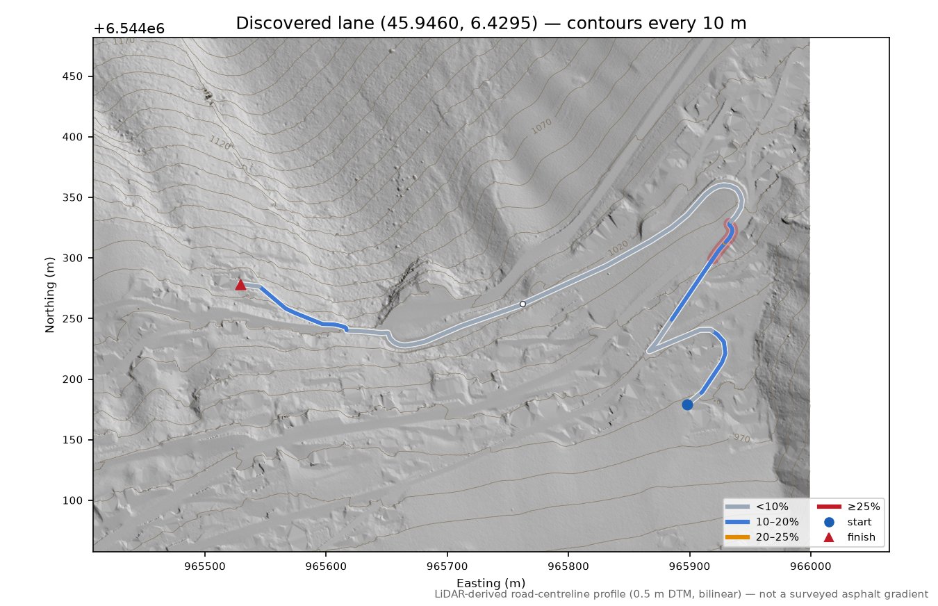 Discovered lane (45.9460, 6.4295) LiDAR hillshade map with contours