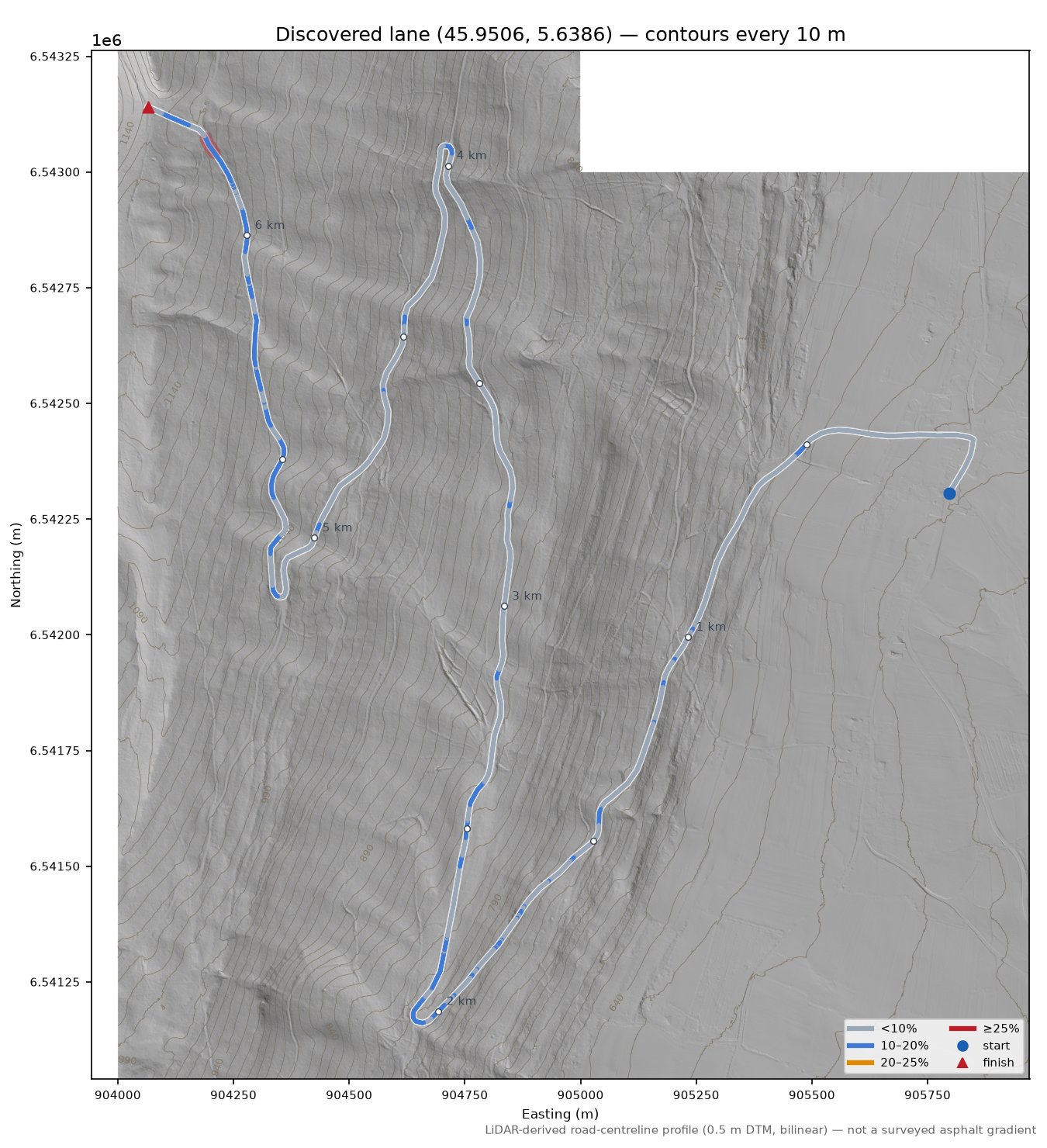 Discovered lane (45.9506, 5.6386) LiDAR hillshade map with contours