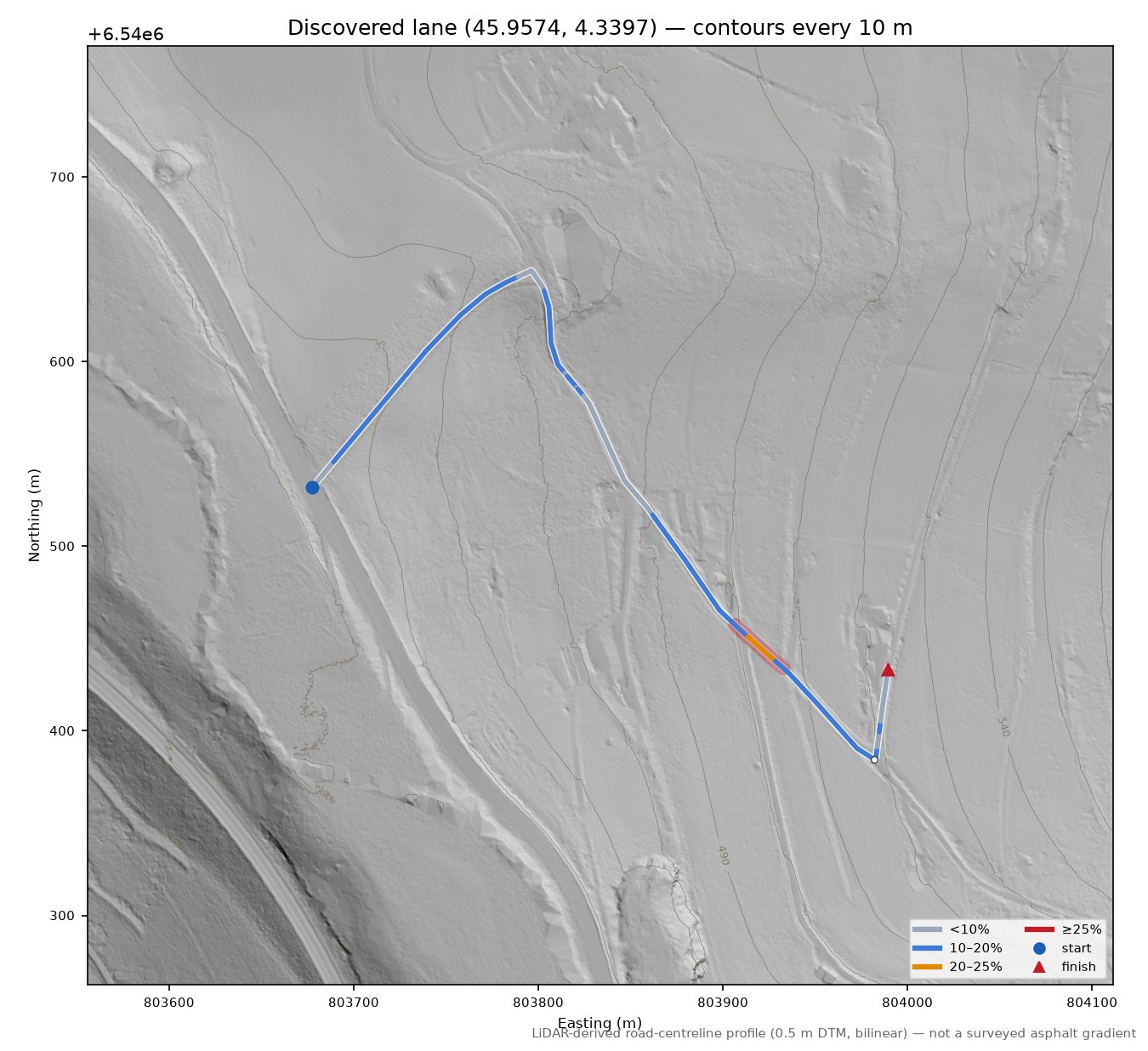 Discovered lane (45.9574, 4.3397) LiDAR hillshade map with contours