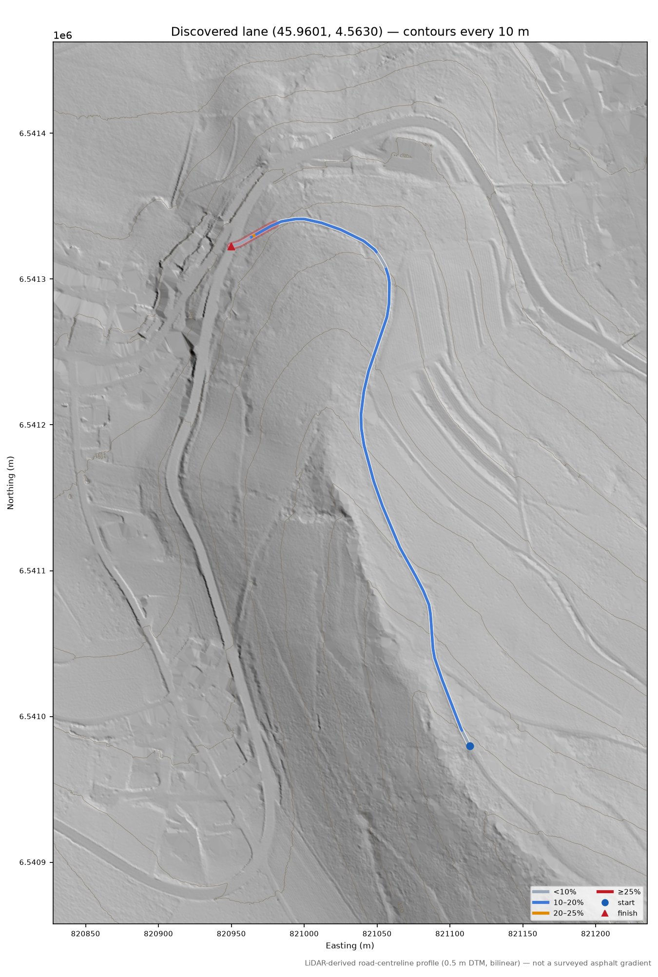 Discovered lane (45.9601, 4.5630) LiDAR hillshade map with contours