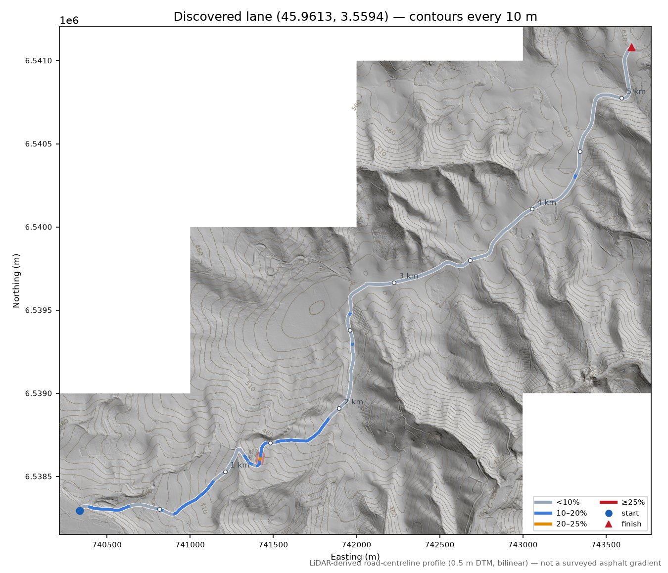 Discovered lane (45.9613, 3.5594) LiDAR hillshade map with contours