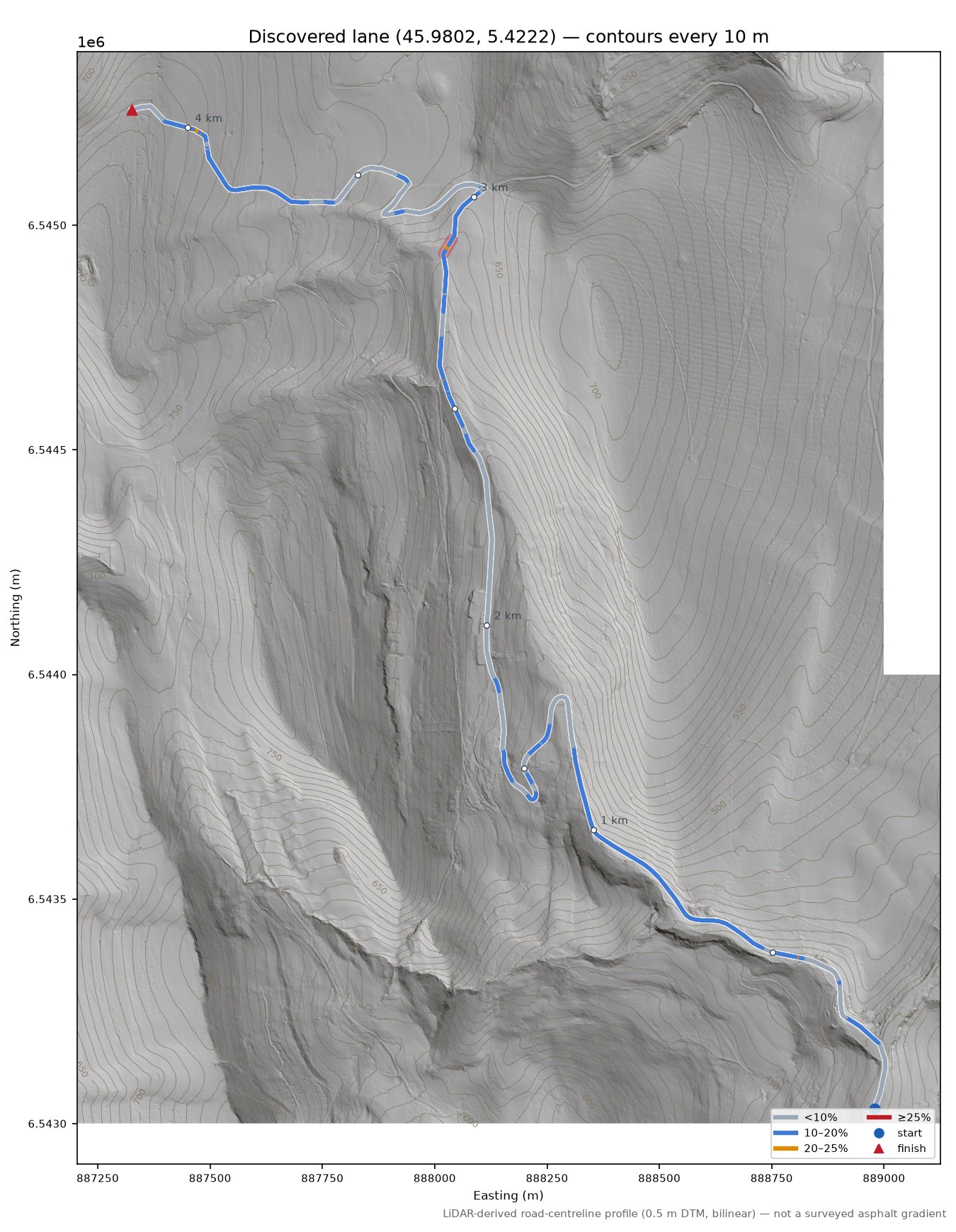 Discovered lane (45.9802, 5.4222) LiDAR hillshade map with contours