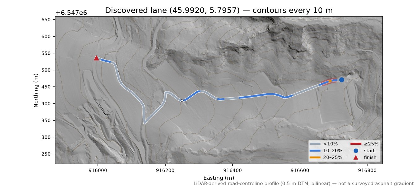 Discovered lane (45.9920, 5.7957) LiDAR hillshade map with contours