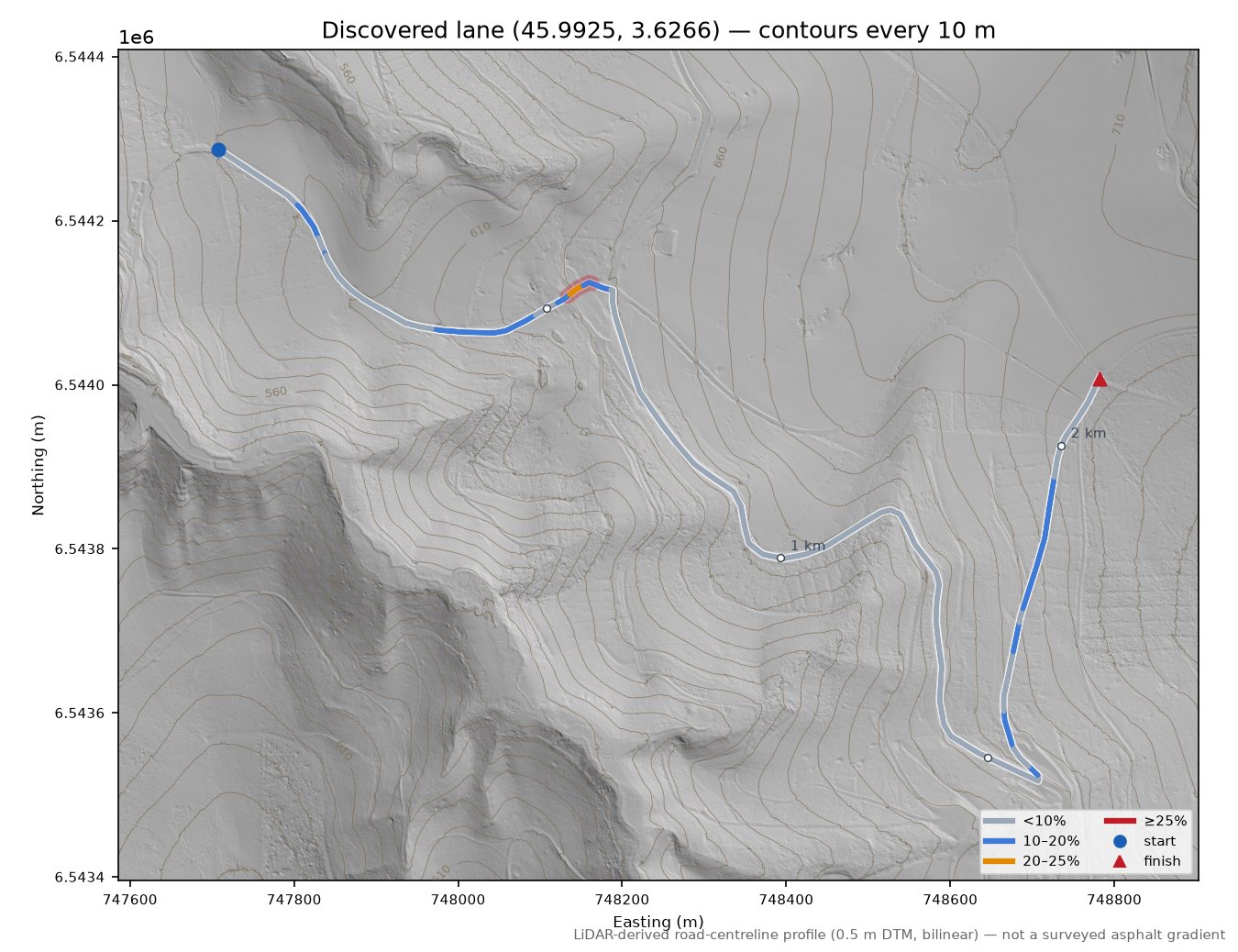 Discovered lane (45.9925, 3.6266) LiDAR hillshade map with contours