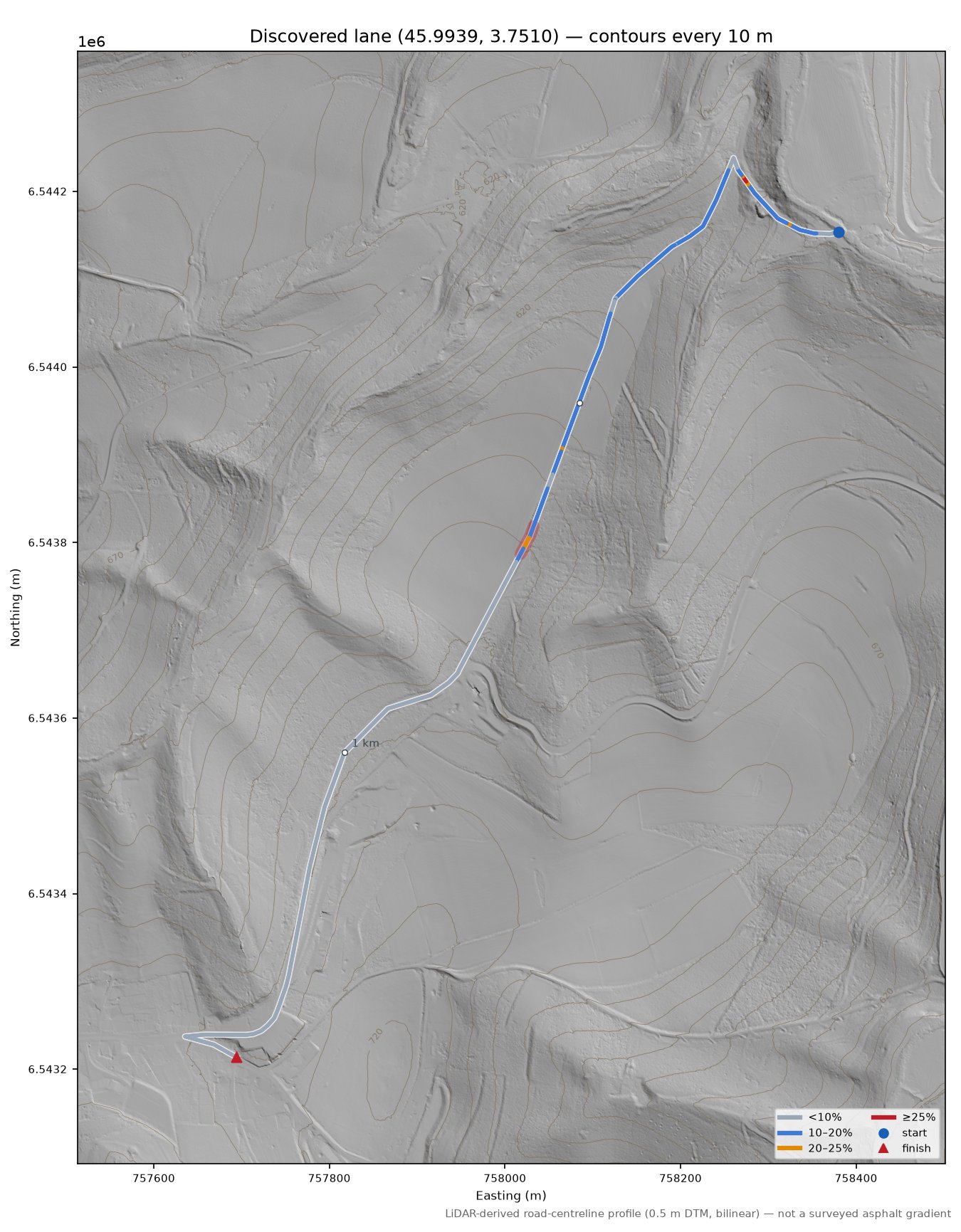 Discovered lane (45.9939, 3.7510) LiDAR hillshade map with contours