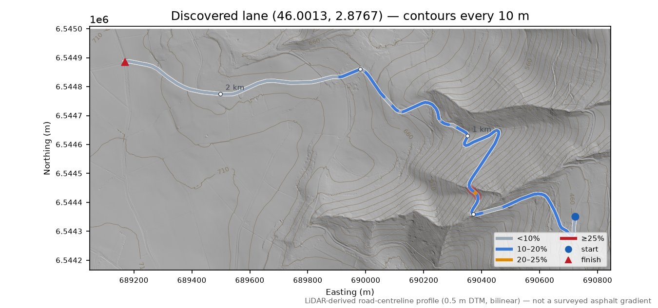Discovered lane (46.0013, 2.8767) LiDAR hillshade map with contours