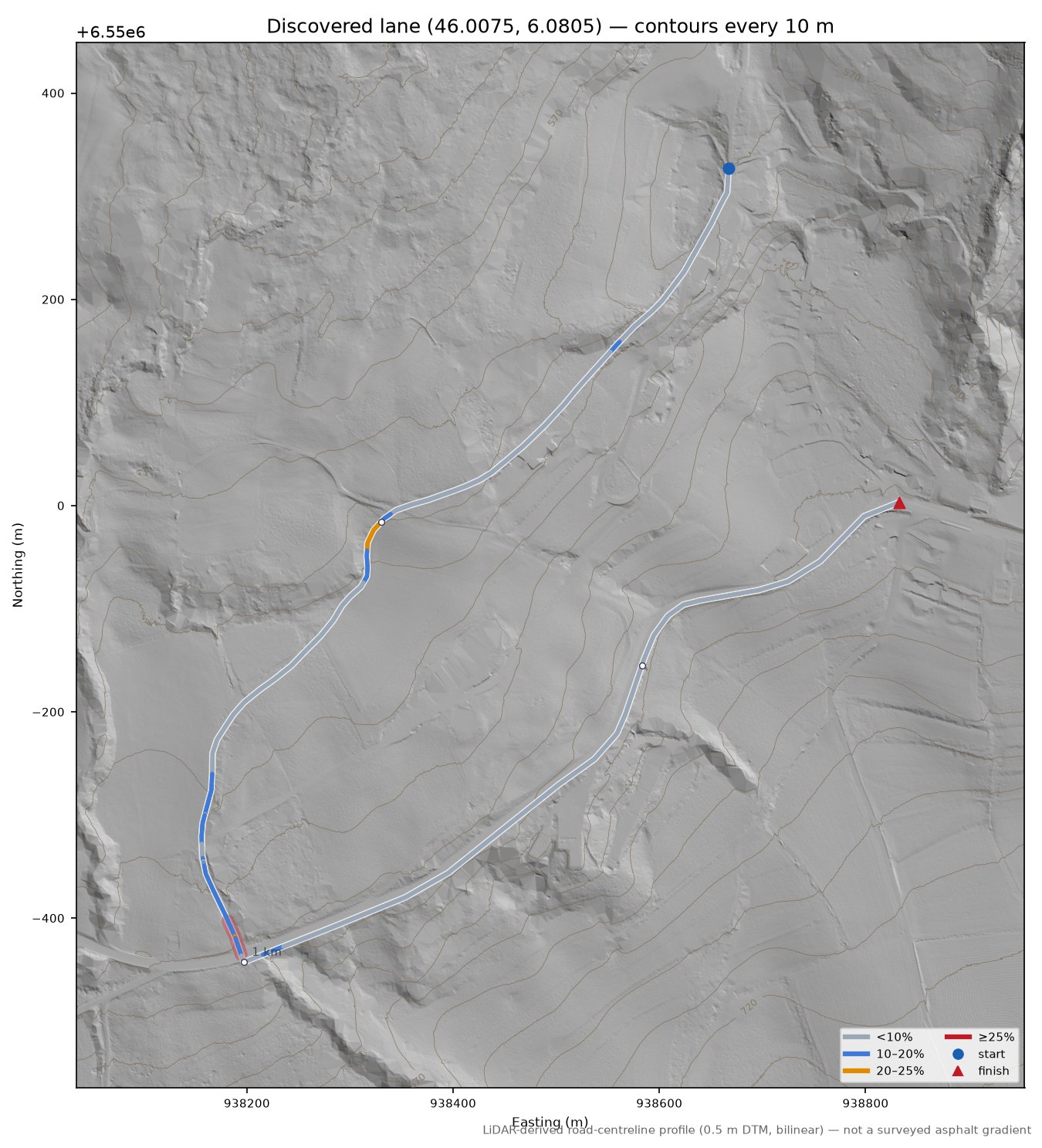 Discovered lane (46.0075, 6.0805) LiDAR hillshade map with contours