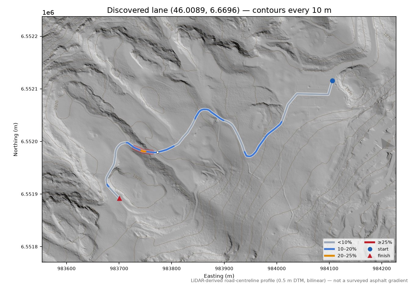 Discovered lane (46.0089, 6.6696) LiDAR hillshade map with contours
