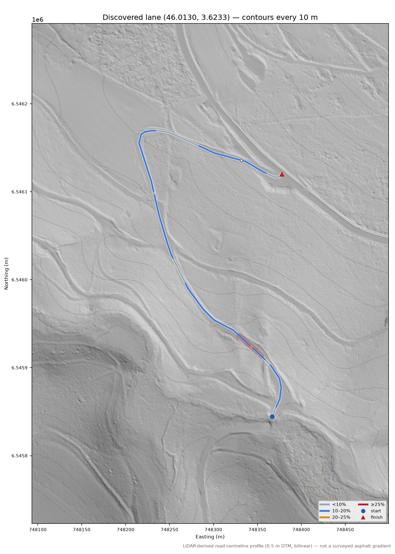 Discovered lane (46.0130, 3.6233) LiDAR hillshade map with contours