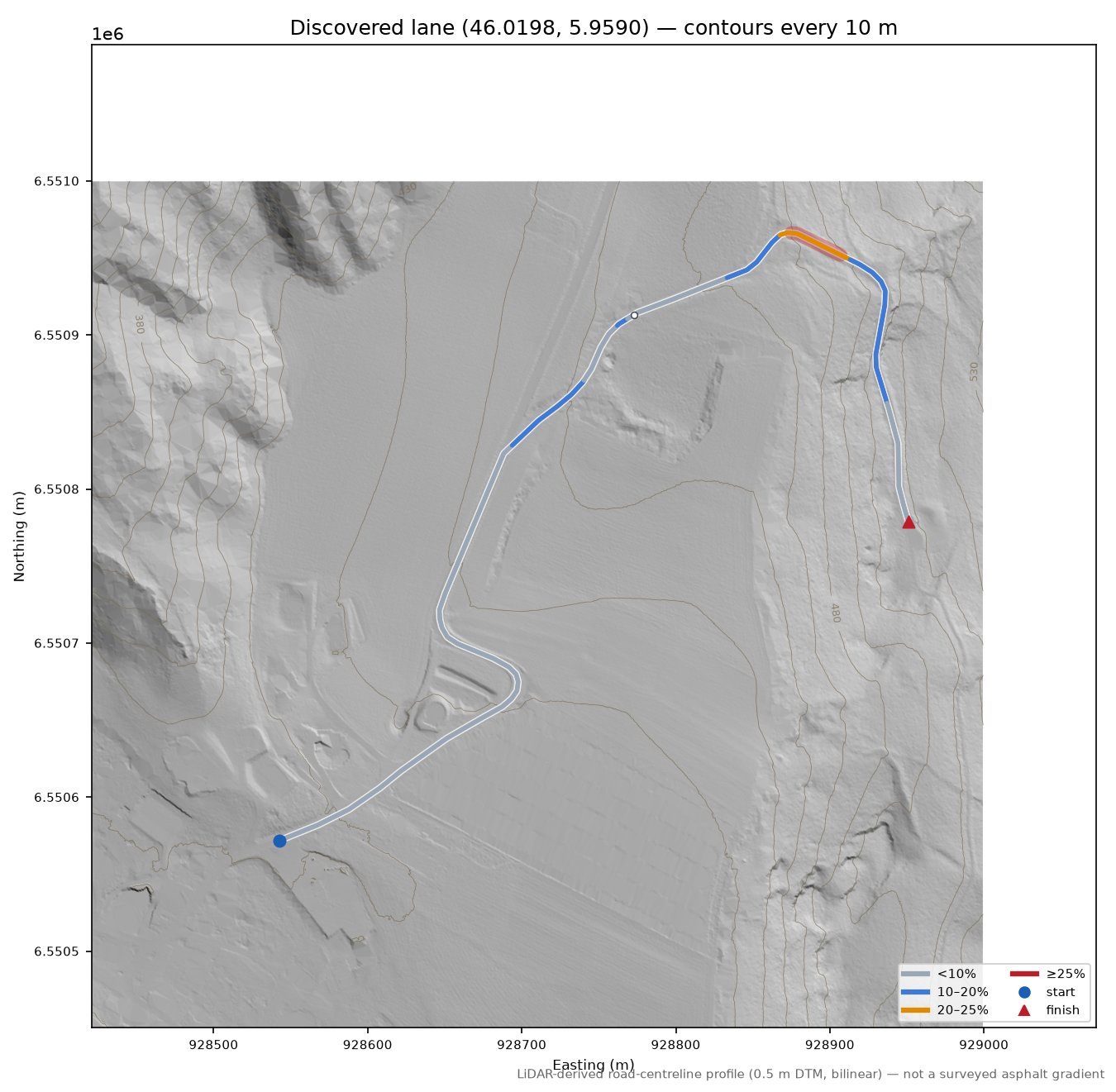 Discovered lane (46.0198, 5.9590) LiDAR hillshade map with contours