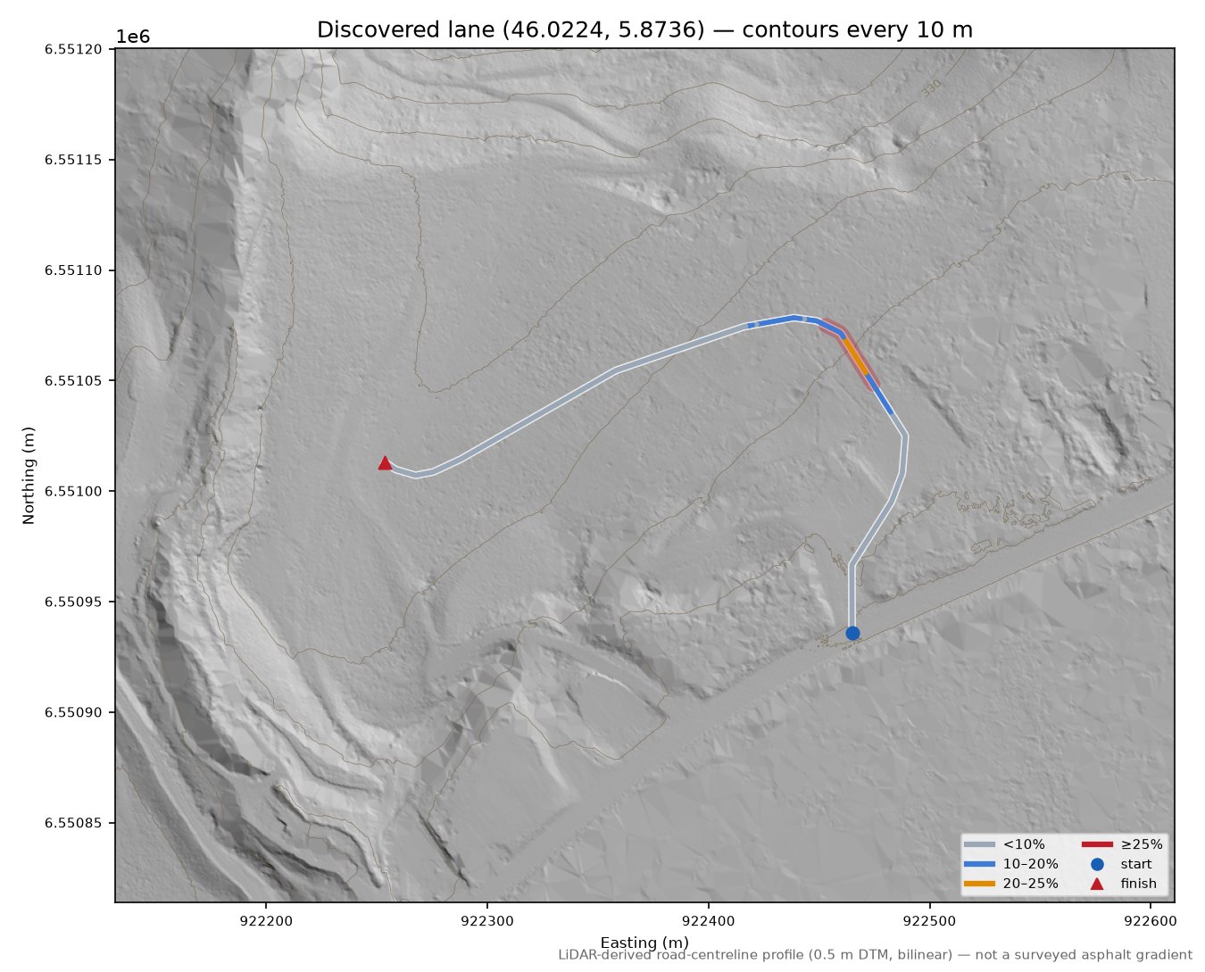 Discovered lane (46.0224, 5.8736) LiDAR hillshade map with contours