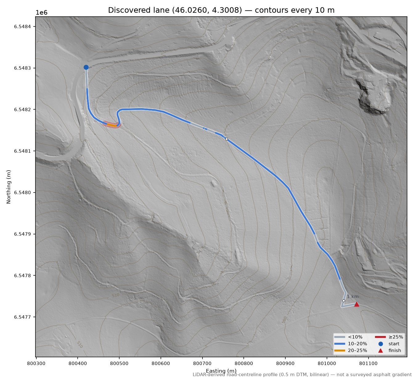 Discovered lane (46.0260, 4.3008) LiDAR hillshade map with contours