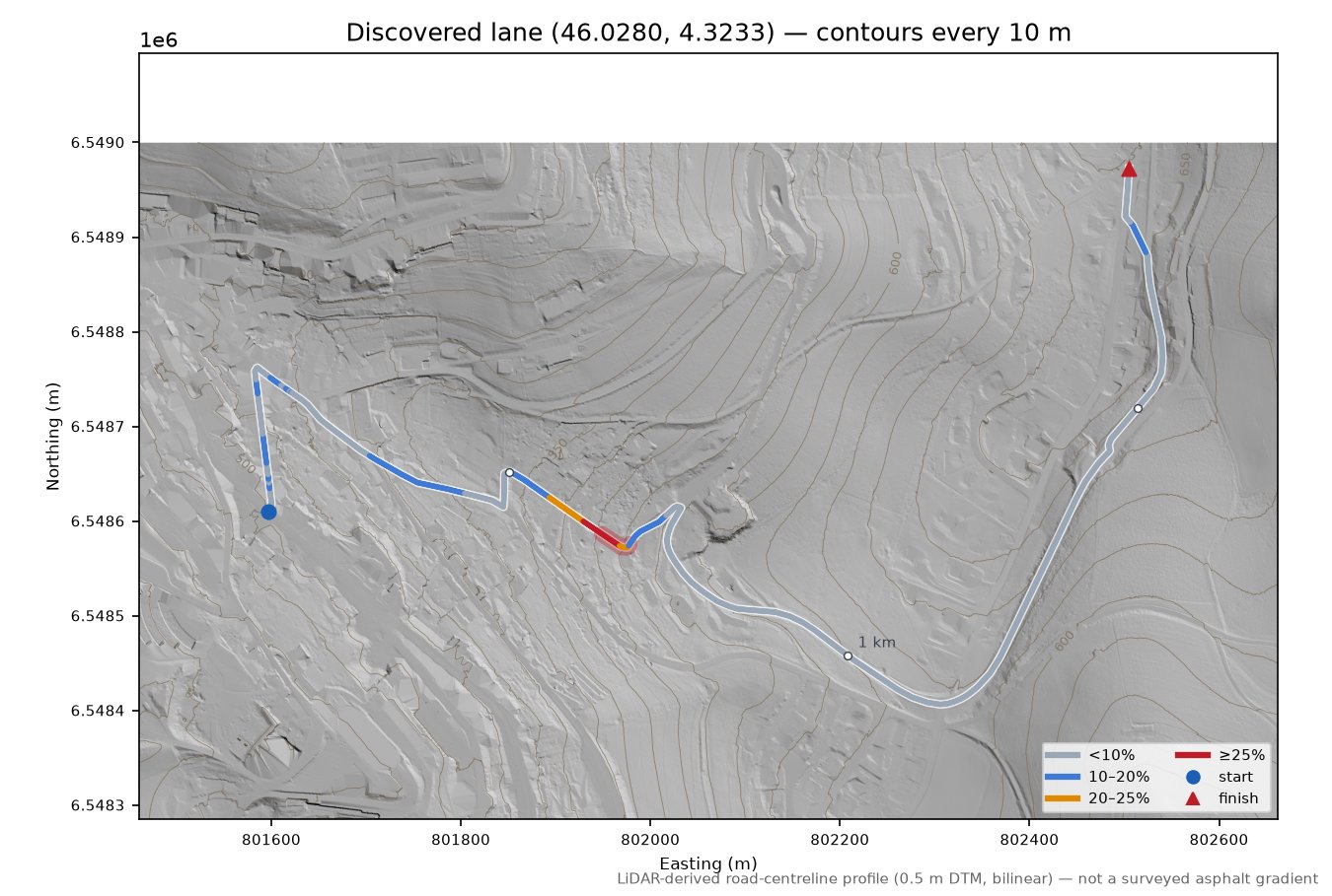 Discovered lane (46.0280, 4.3233) LiDAR hillshade map with contours