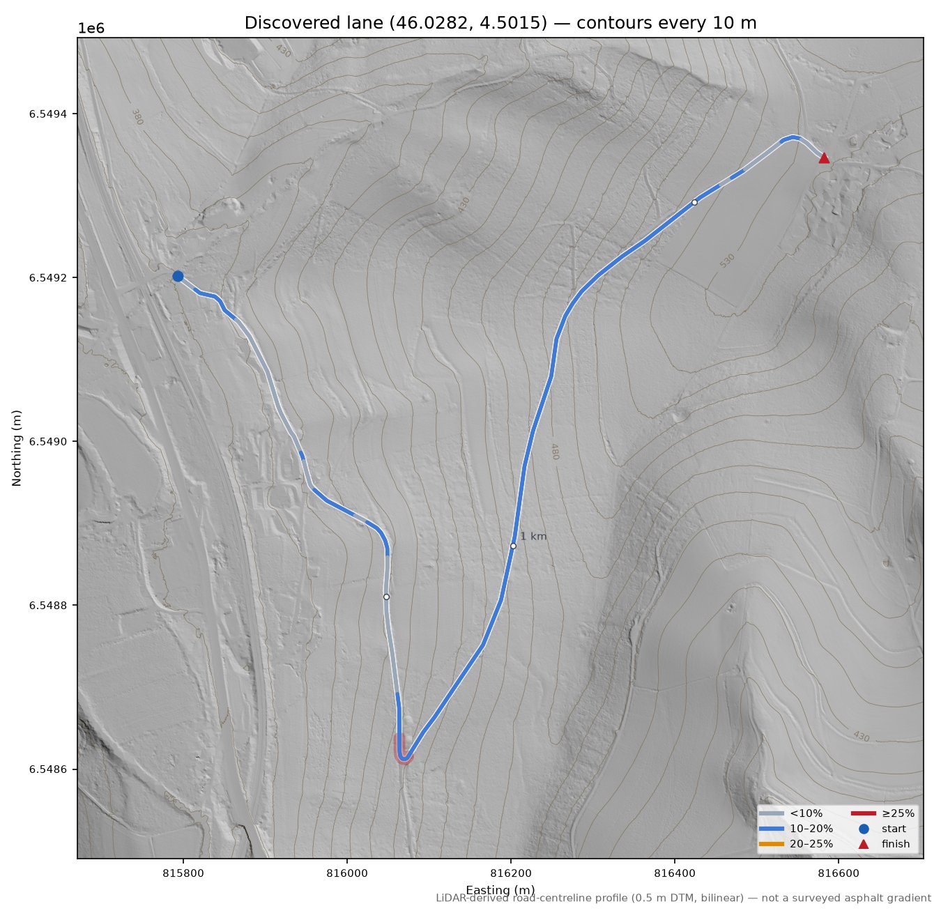 Discovered lane (46.0282, 4.5015) LiDAR hillshade map with contours