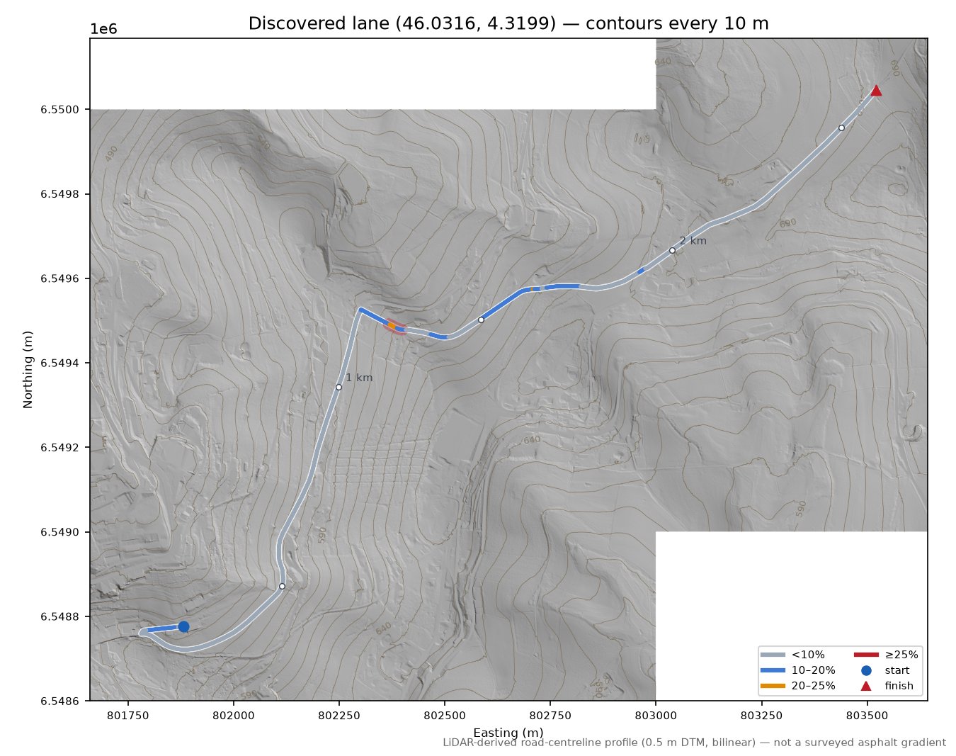 Discovered lane (46.0316, 4.3199) LiDAR hillshade map with contours