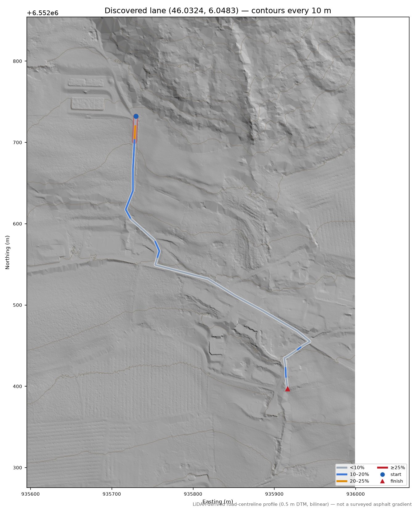 Discovered lane (46.0324, 6.0483) LiDAR hillshade map with contours