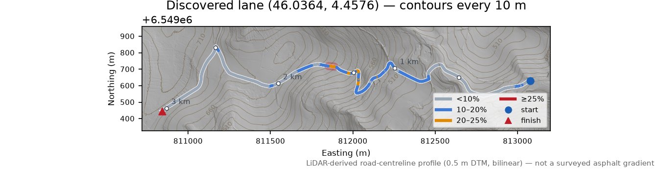Discovered lane (46.0364, 4.4576) LiDAR hillshade map with contours