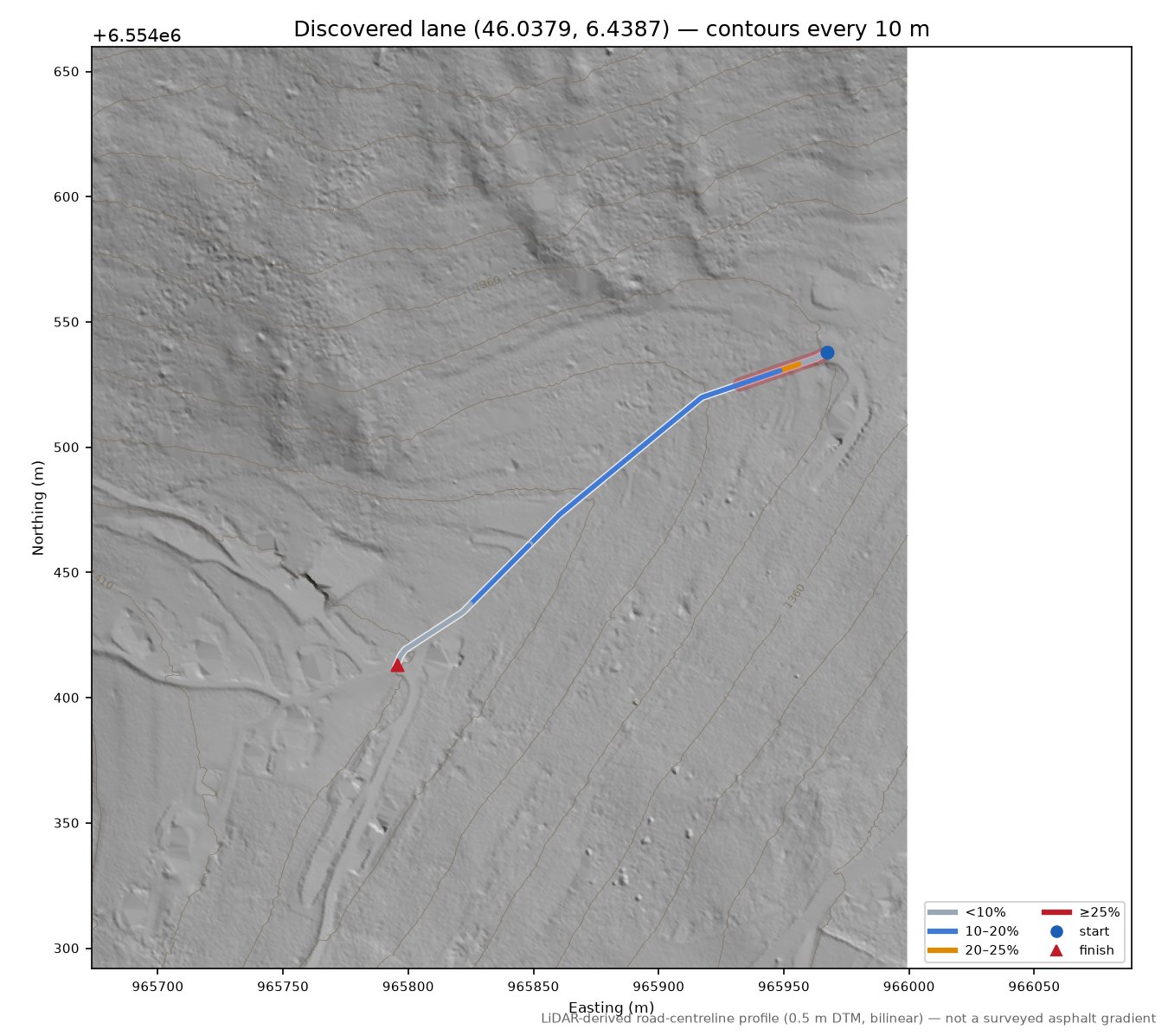 Discovered lane (46.0379, 6.4387) LiDAR hillshade map with contours